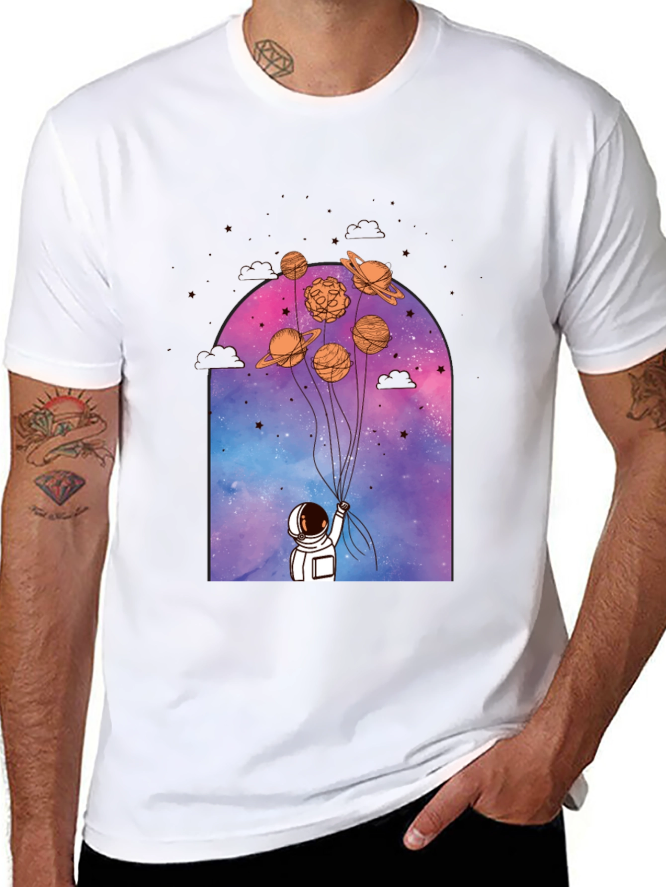 Astronaut Planet Balloons Graphic Tee - Black