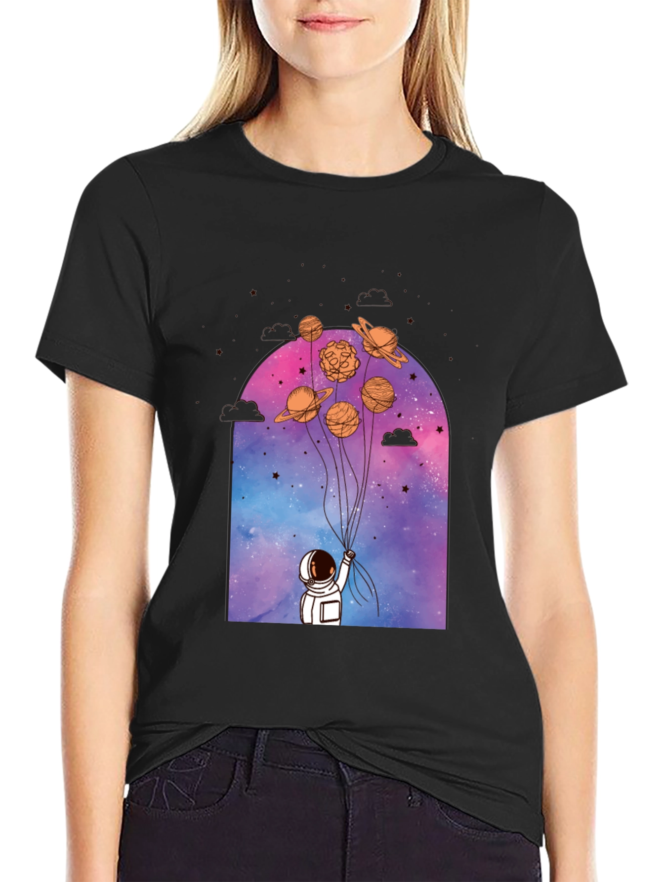 Astronaut Planet Balloons Graphic Tee - Black