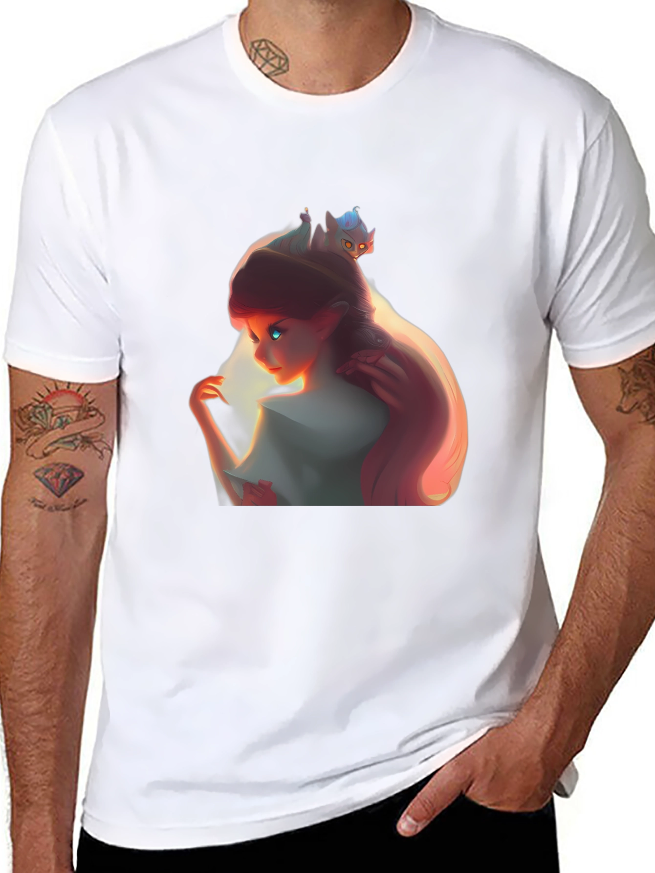 Whimsical Girl and Cat Black Graphic Tee