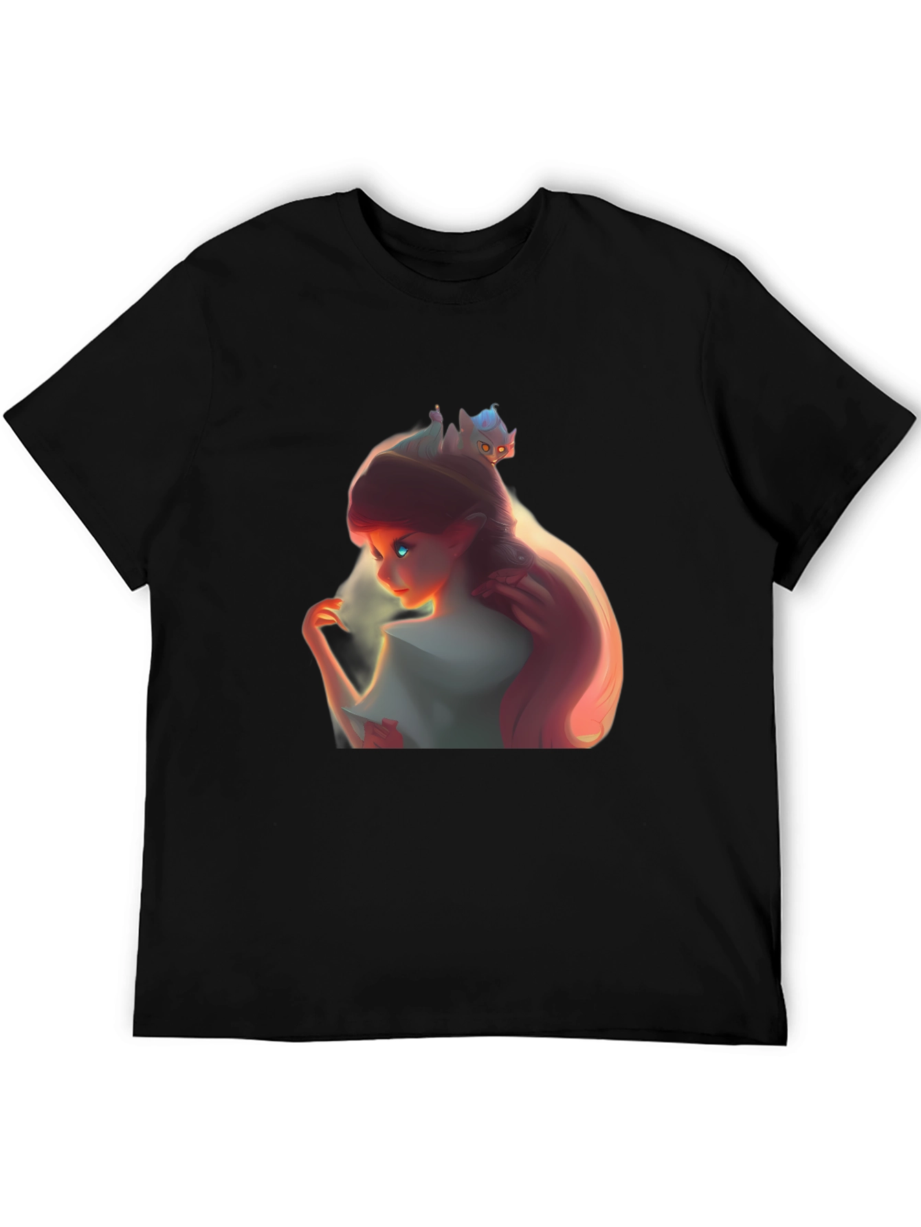 Whimsical Girl and Cat Black Graphic Tee