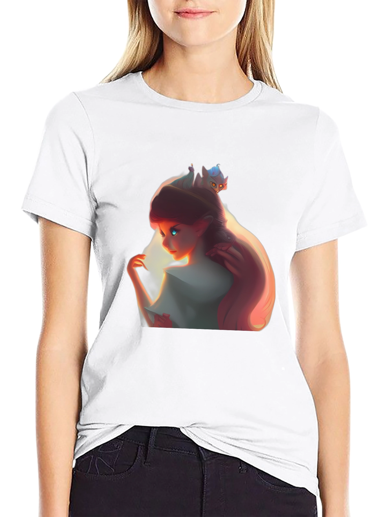 Whimsical Girl and Cat Black Graphic Tee
