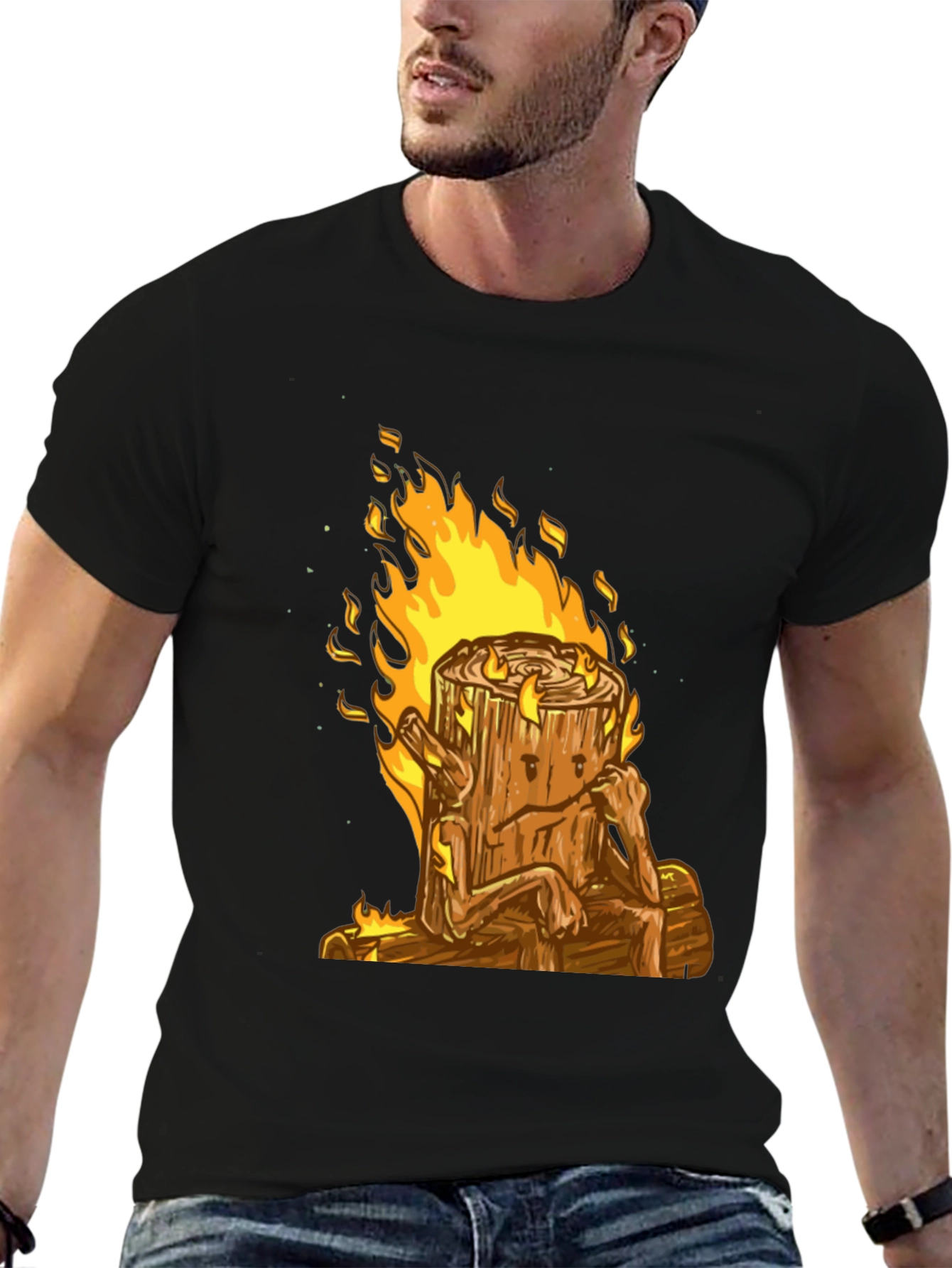 Burning Log T-Shirt - Cartoon Firewood Graphic Tee