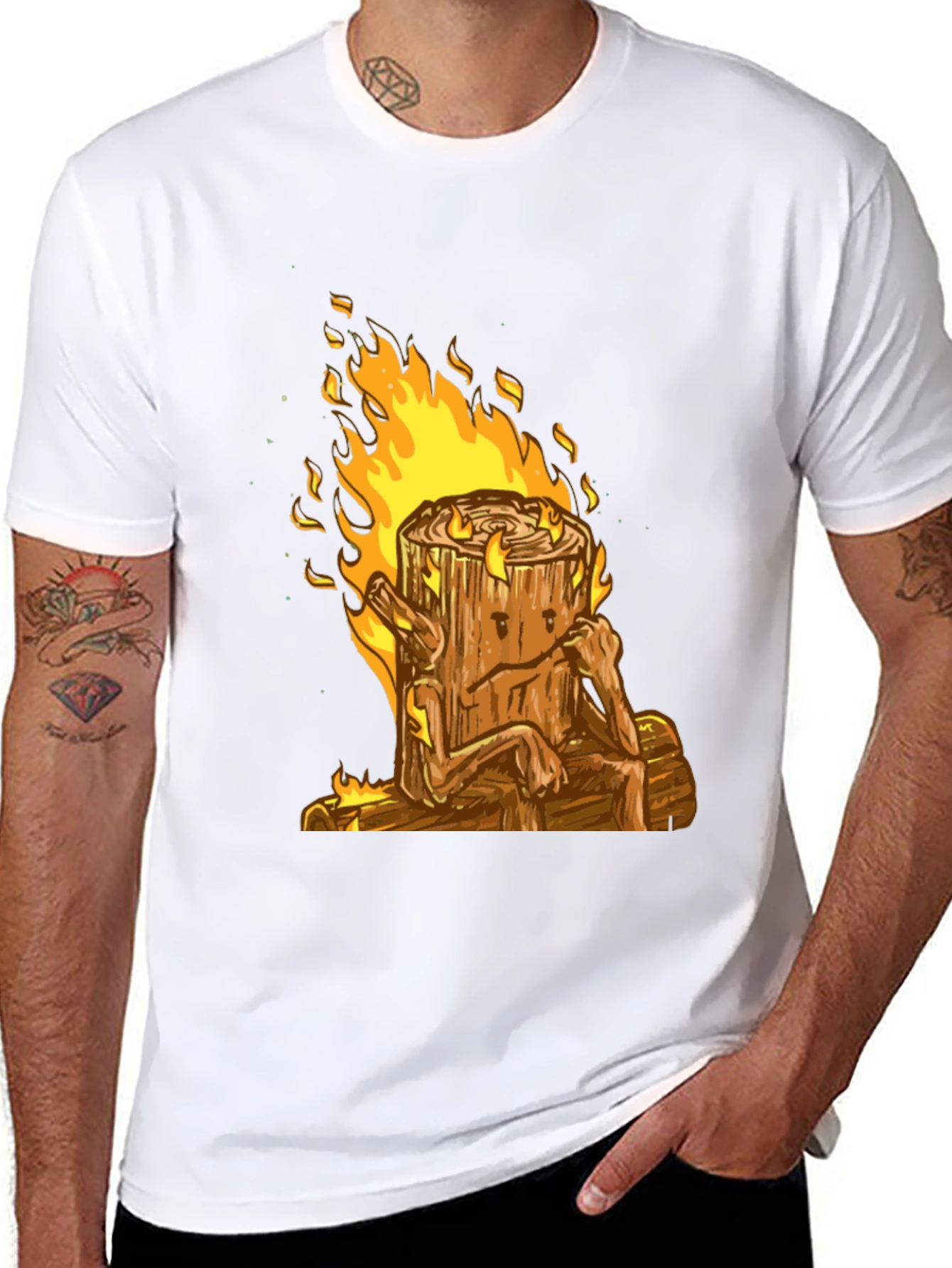 Burning Log T-Shirt - Cartoon Firewood Graphic Tee