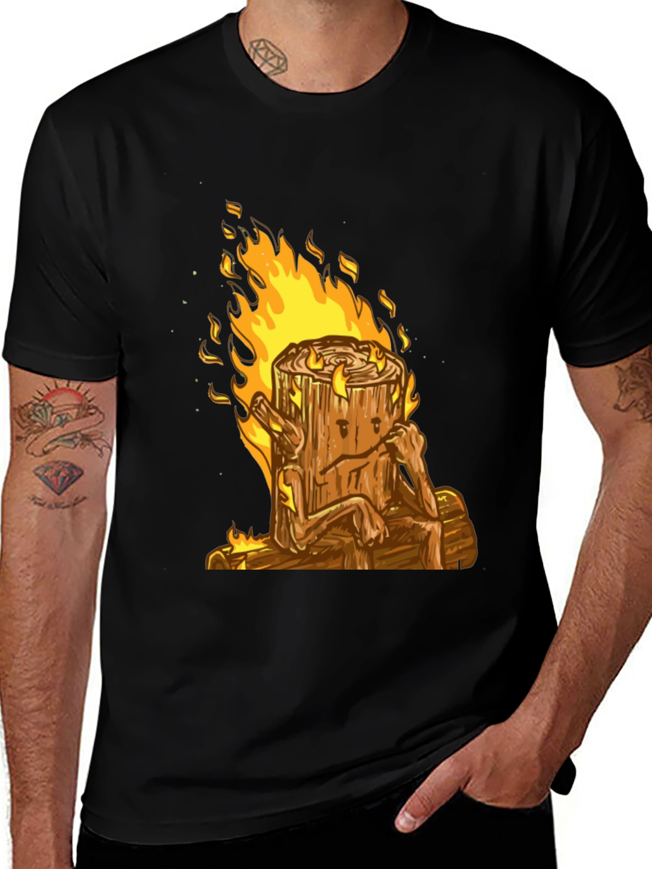 Burning Log T-Shirt - Cartoon Firewood Graphic Tee