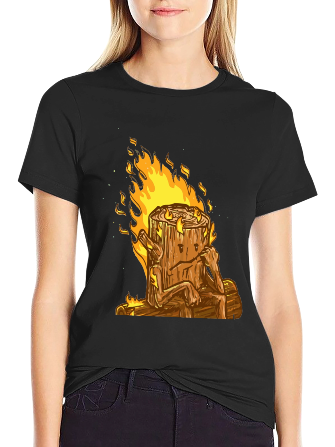 Burning Log T-Shirt - Cartoon Firewood Graphic Tee