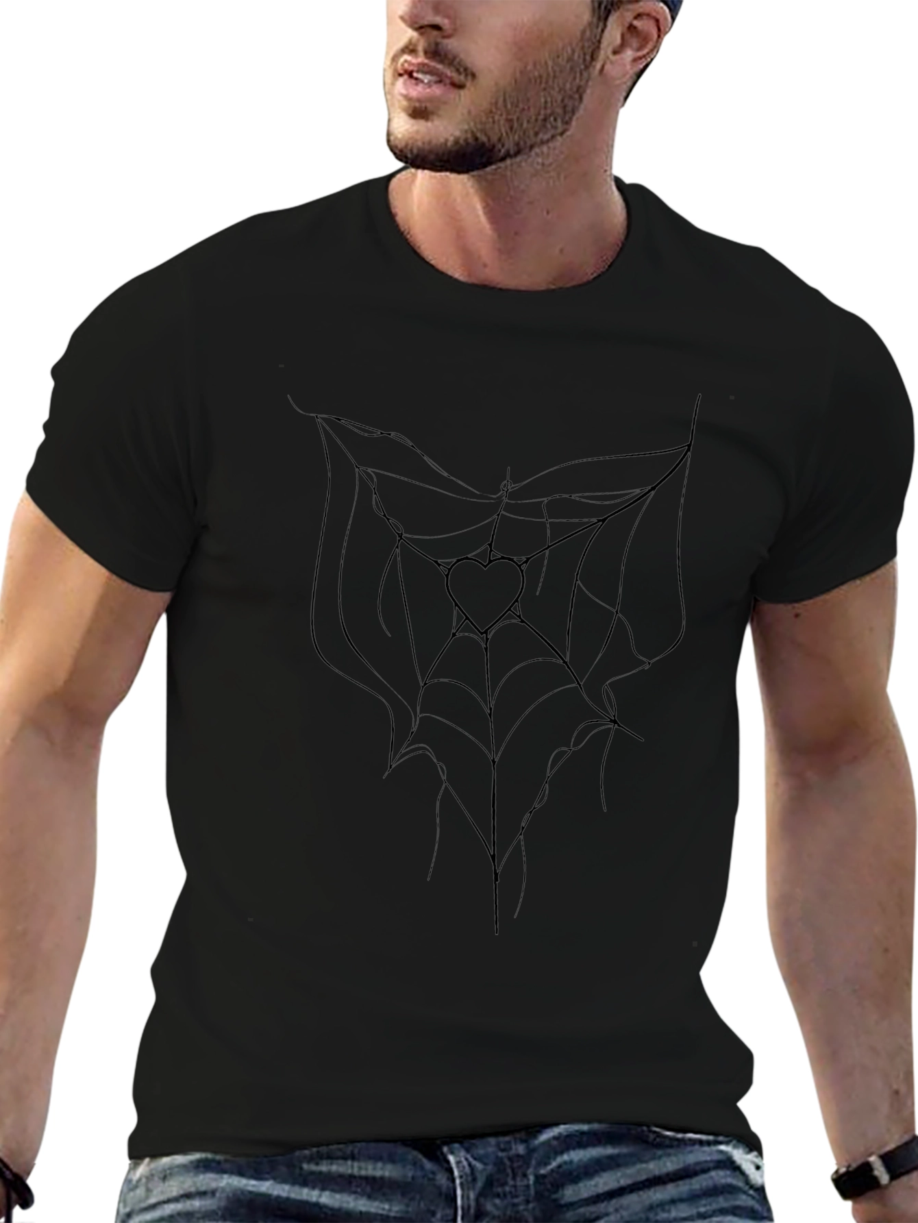 Black Tee with Heart Spiderweb Design