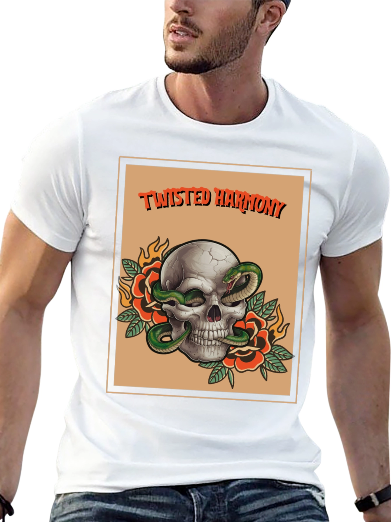 Twisted Harmony Graphic Tee - Skull & Snake Design