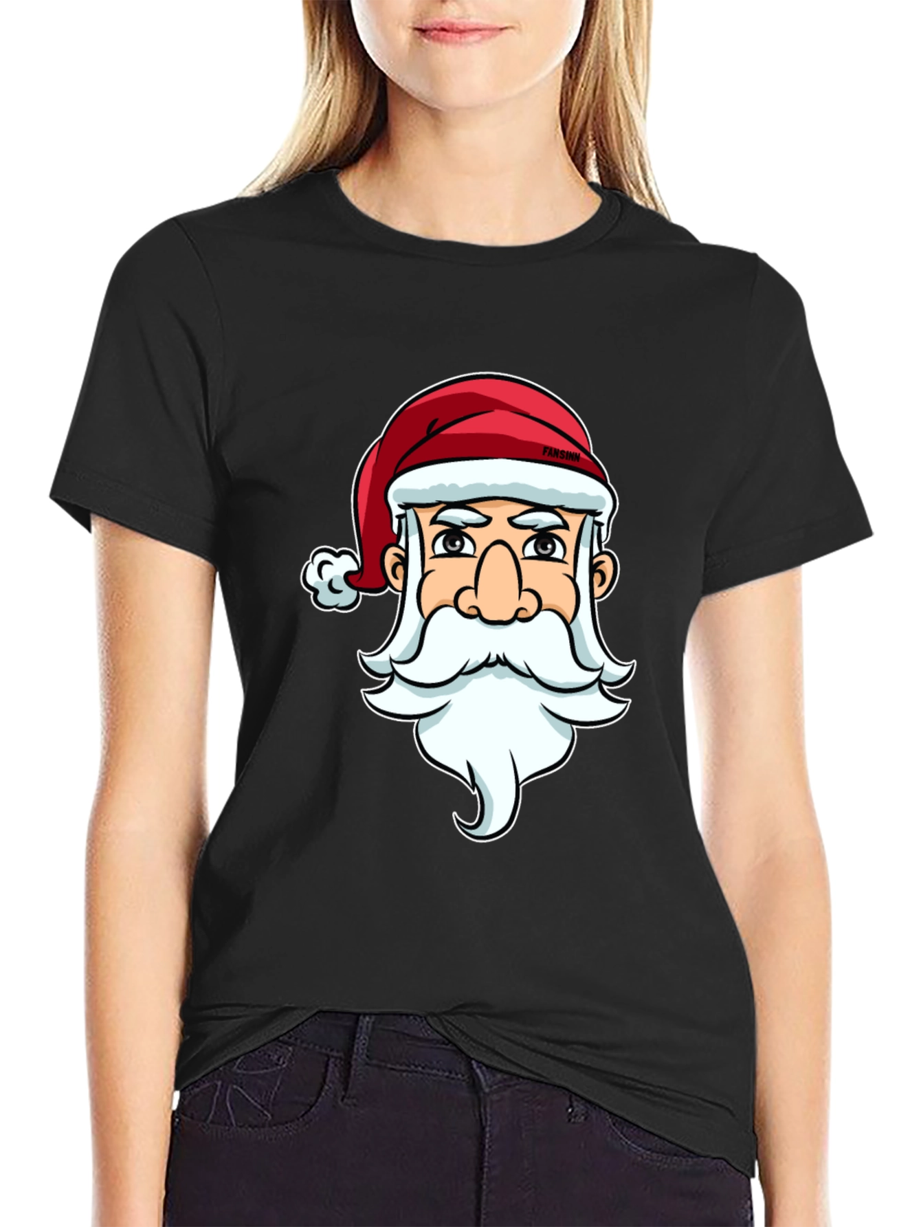 Santa Claus Cartoon Graphic Print Black T-Shirt