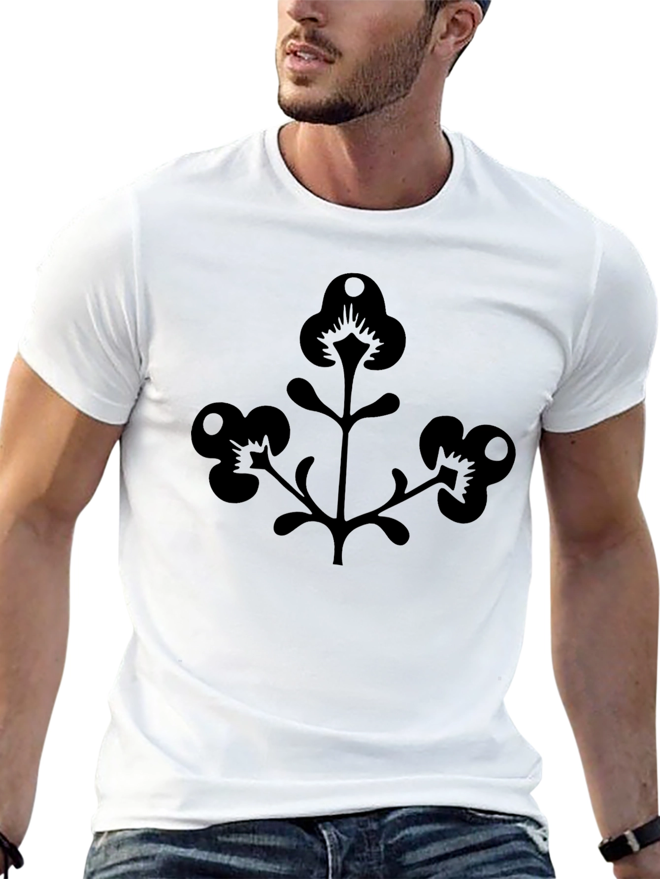 Mens Black T-Shirt with Floral Silhouette Design