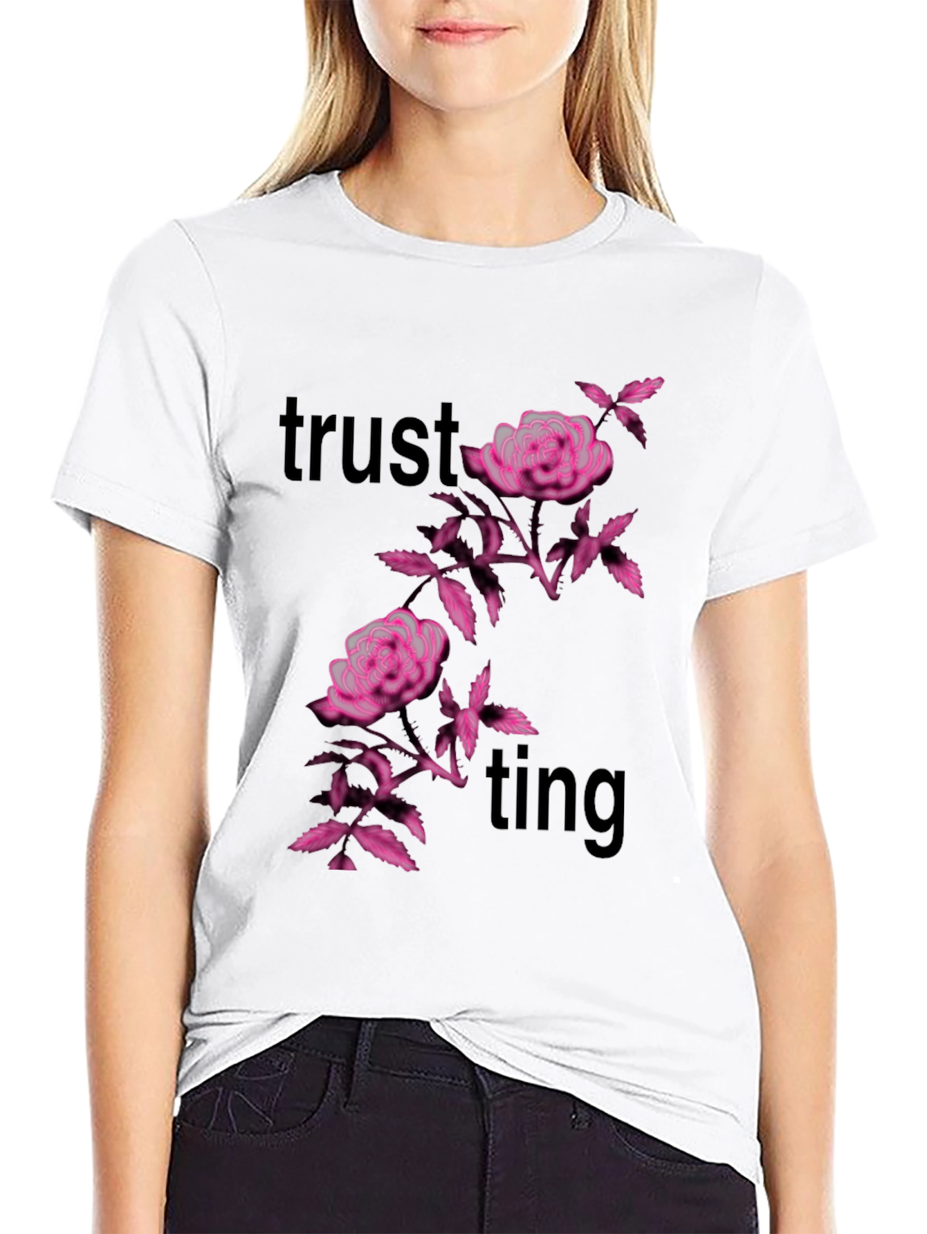 Trusting Pink Floral Black Tee