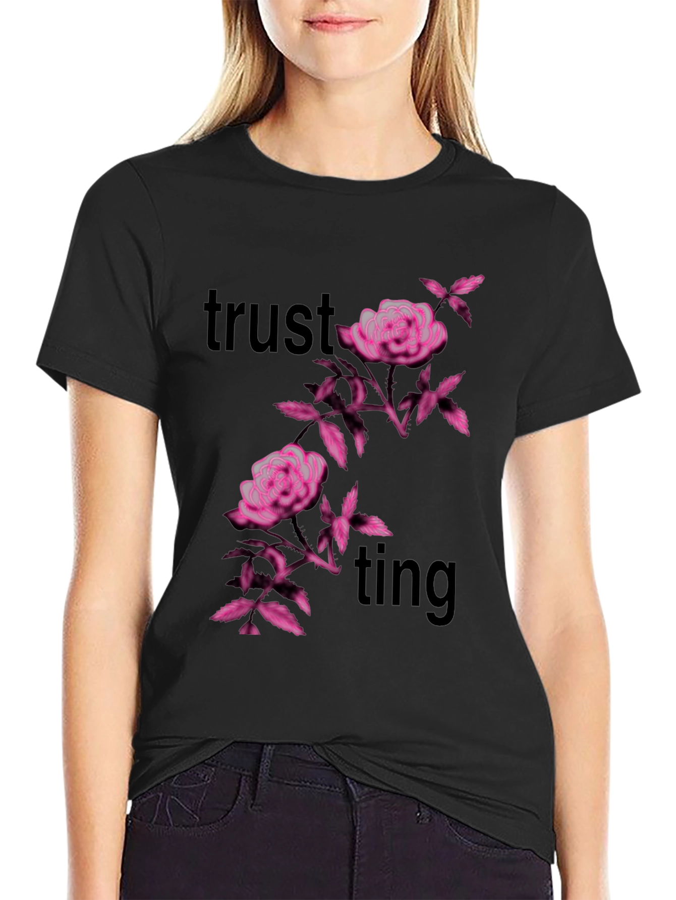 Trusting Pink Floral Black Tee