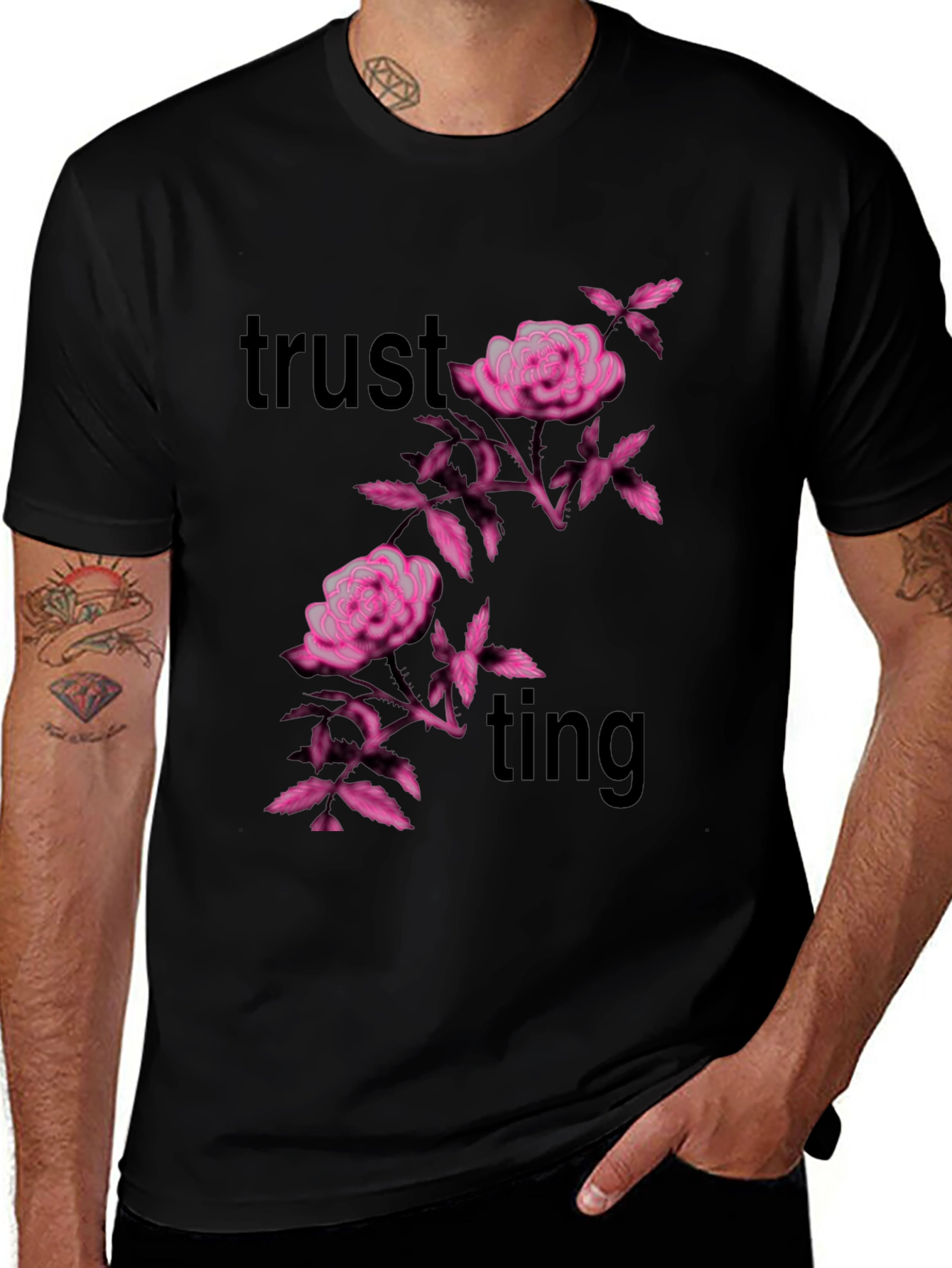 Trusting Pink Floral Black Tee