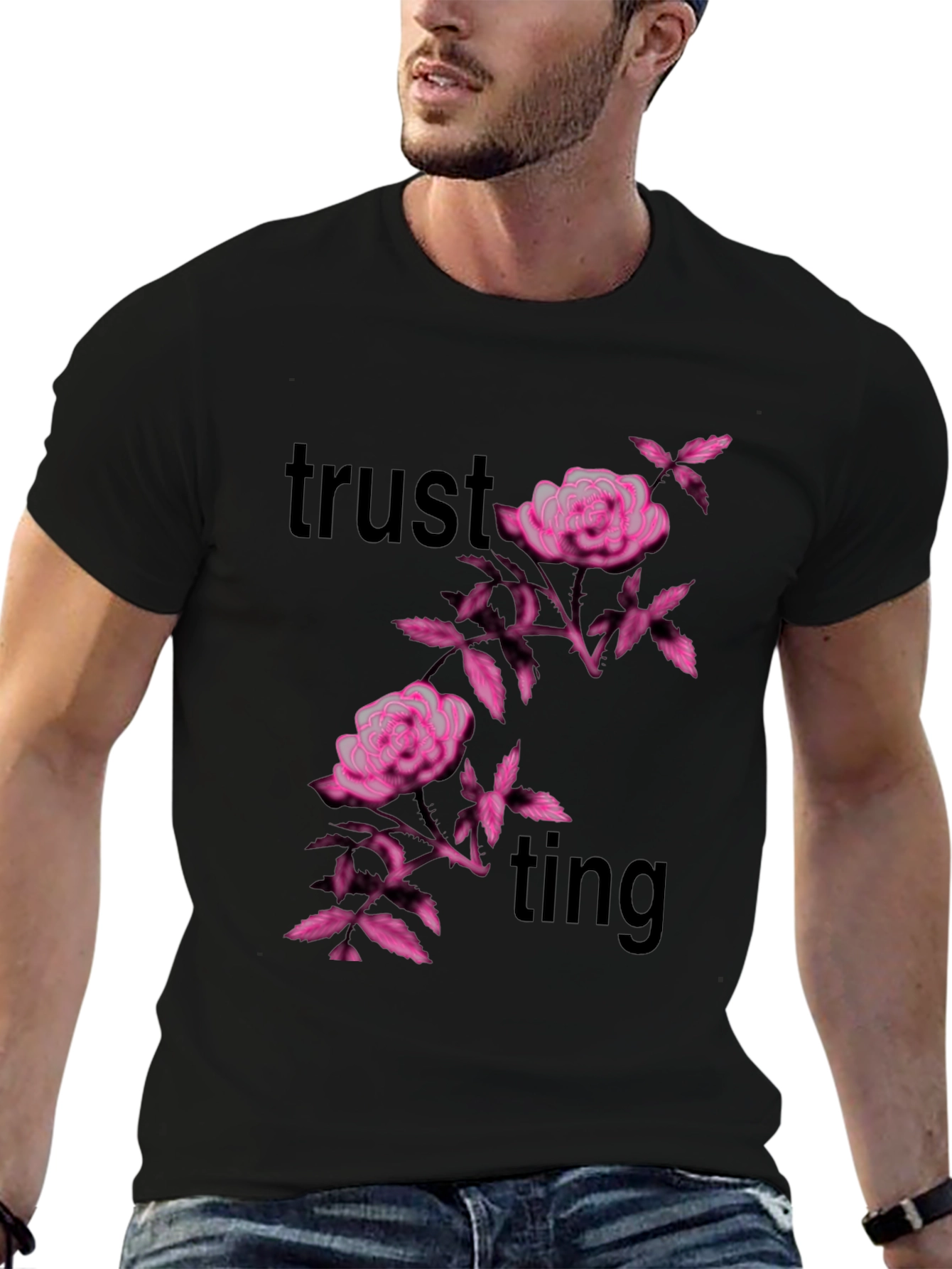 Trusting Pink Floral Black Tee