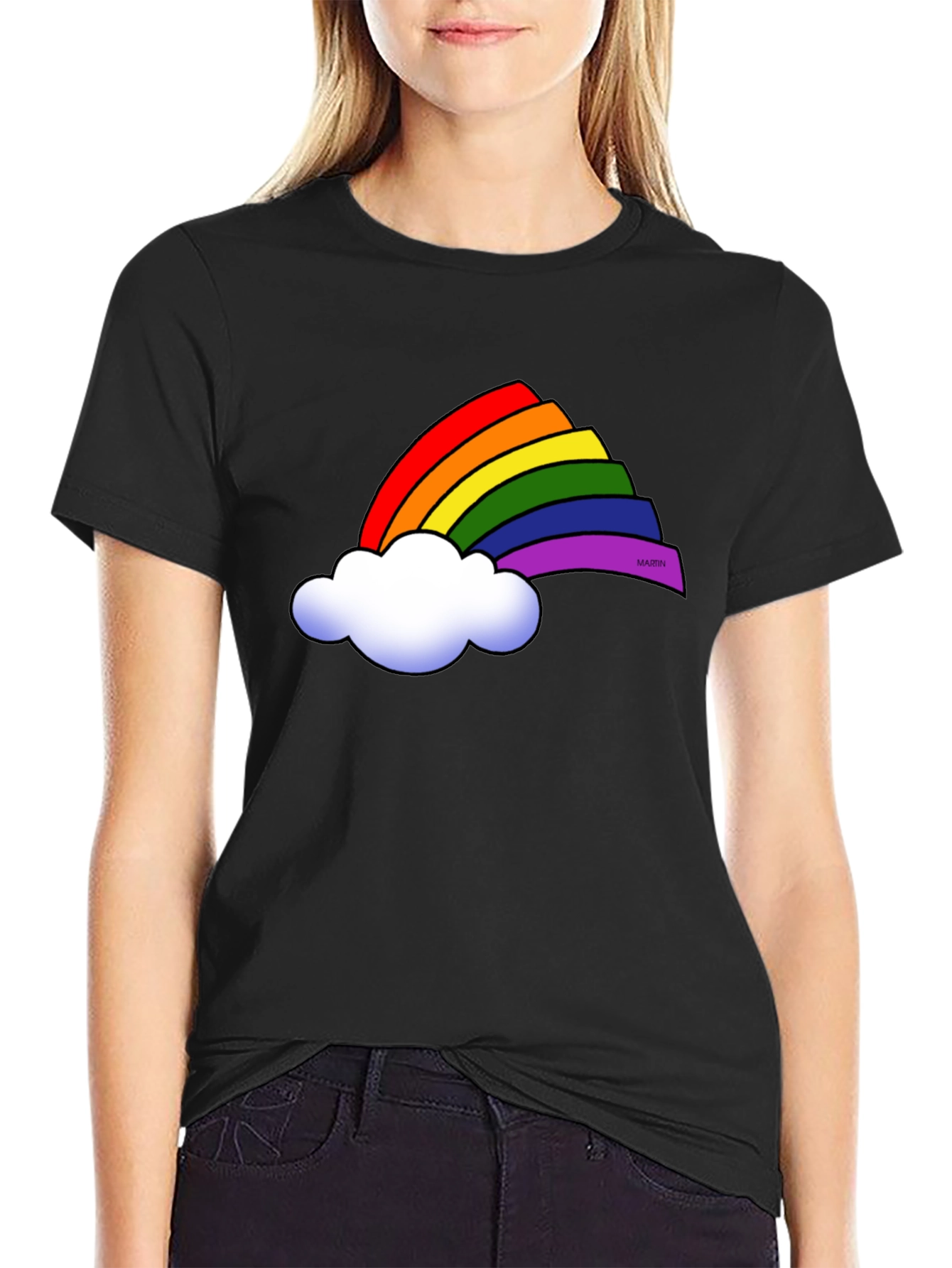 Rainbow Cloud Graphic Tee - Black Cotton T-Shirt