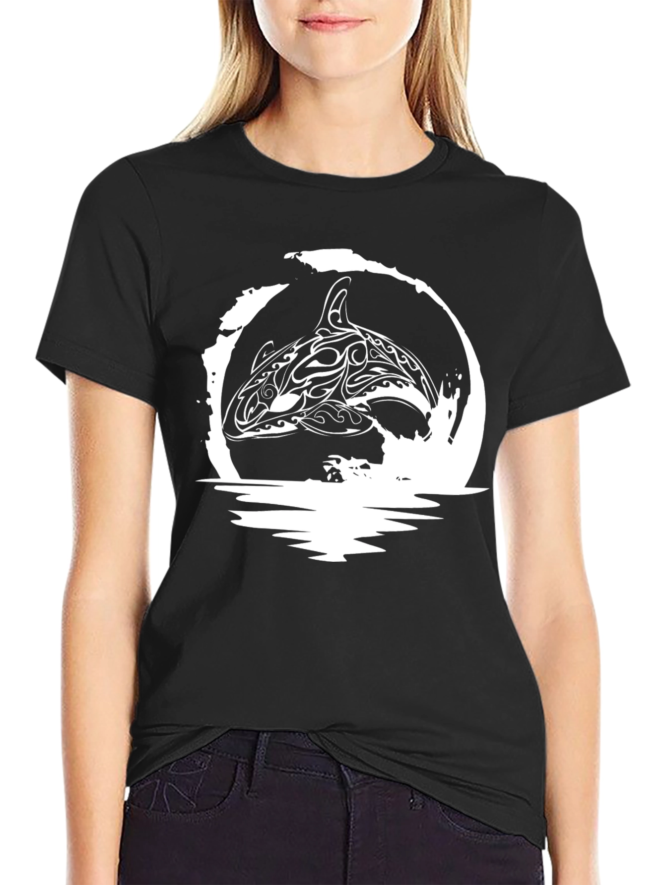 Orca Whale Tribal Design Black T-Shirt