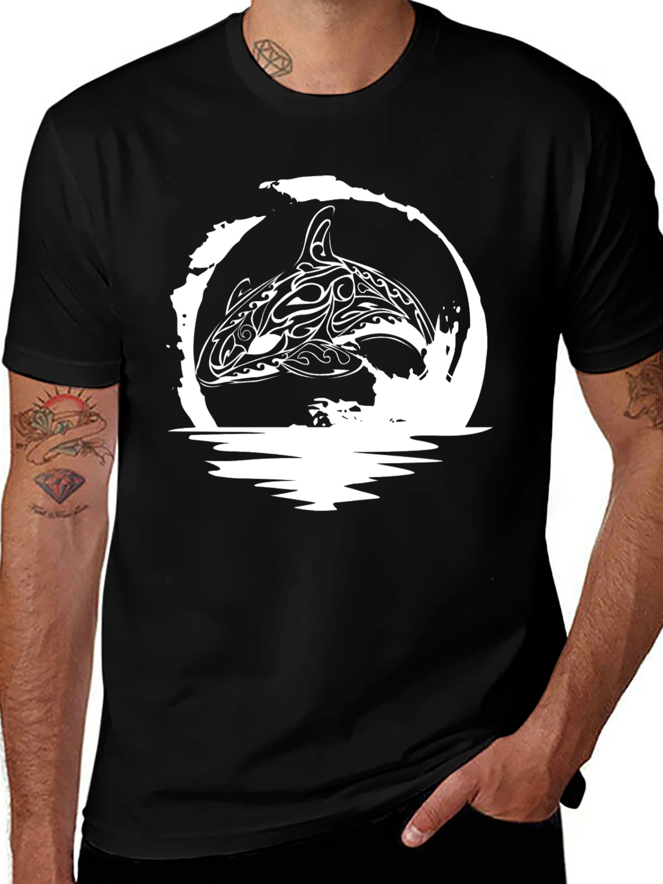 Orca Whale Tribal Design Black T-Shirt