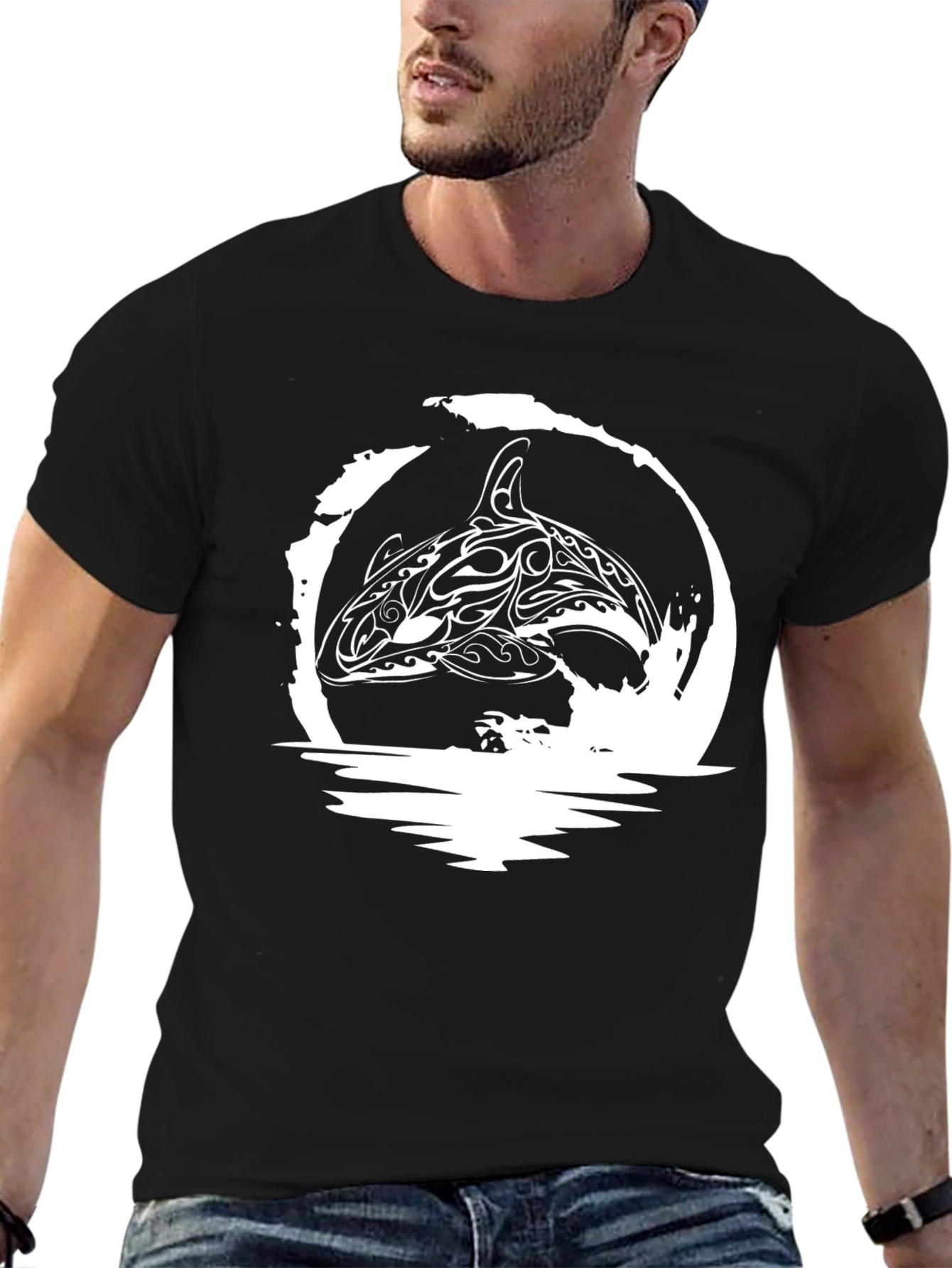 Orca Whale Tribal Design Black T-Shirt