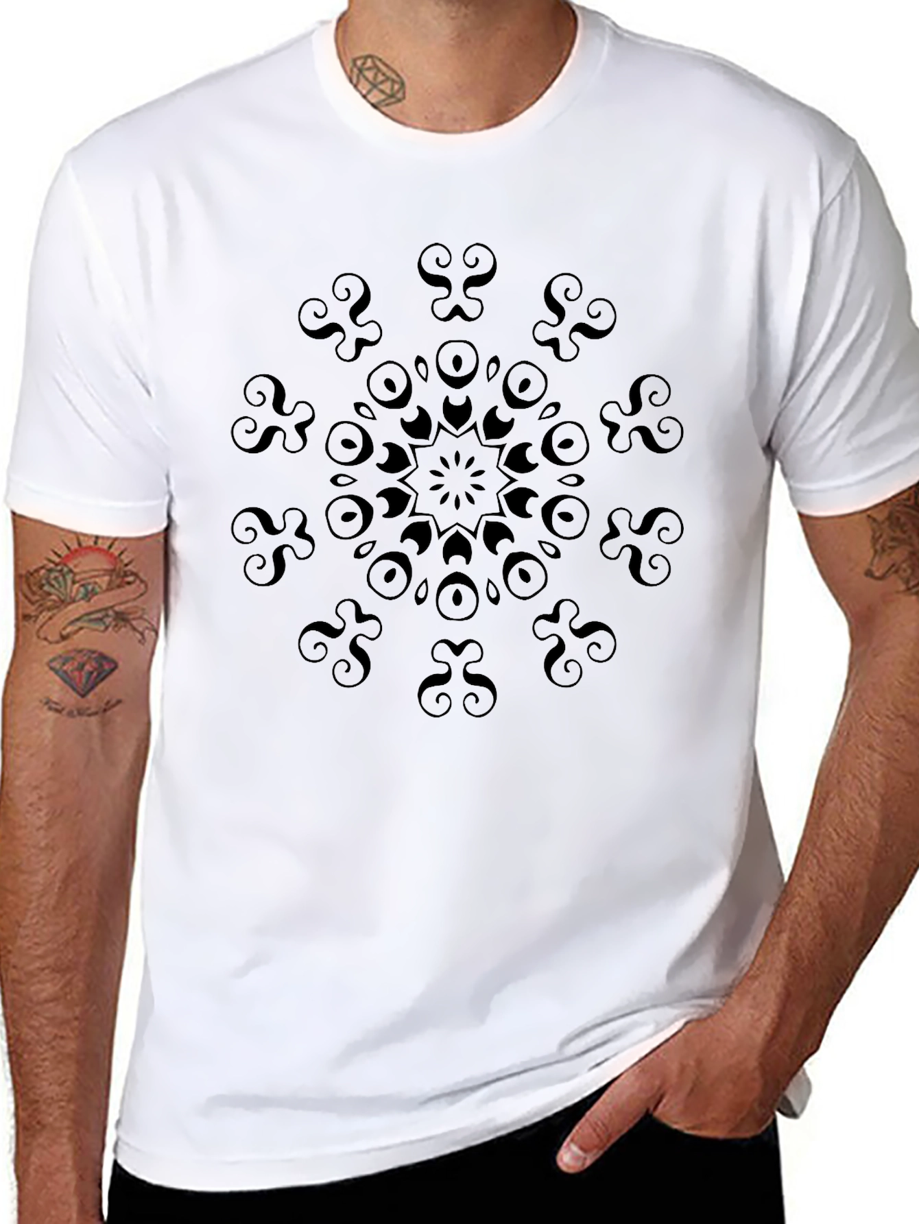 Black T-Shirt with Geometric Mandala Design