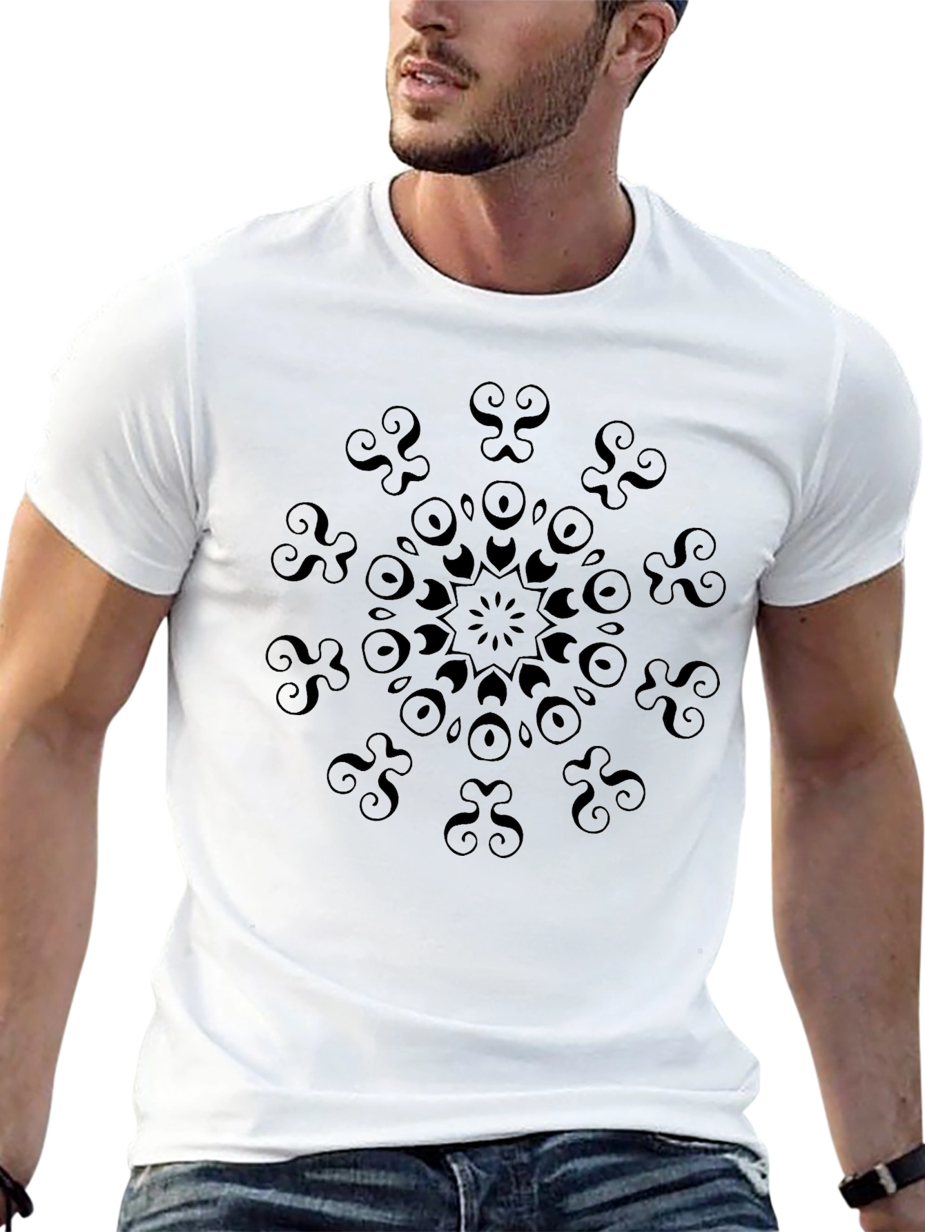 Black T-Shirt with Geometric Mandala Design