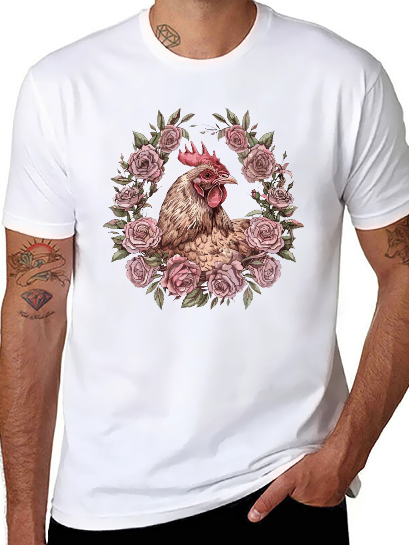 Chicken in Roses Graphic T-Shirt - Black