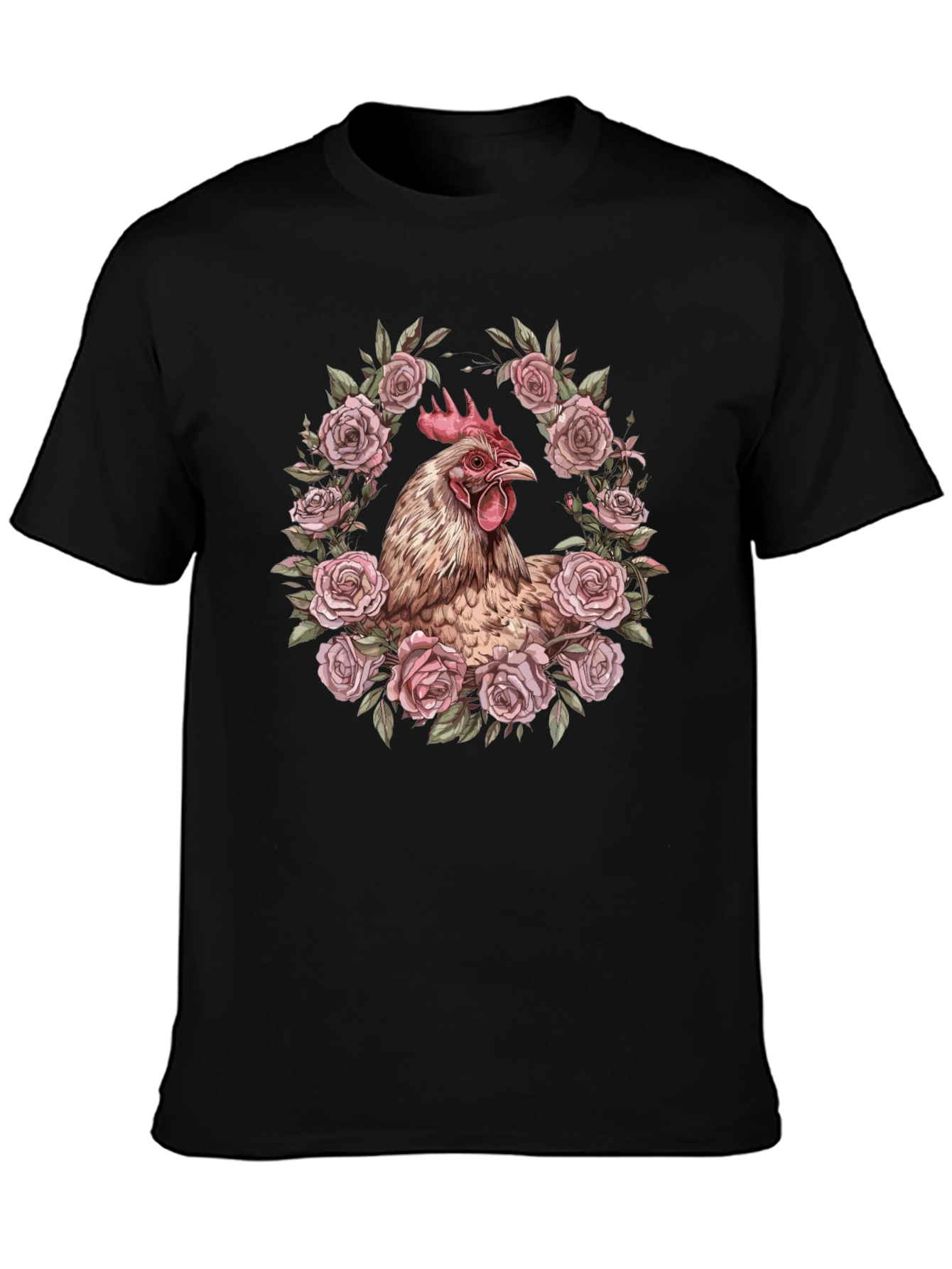 Chicken in Roses Graphic T-Shirt - Black