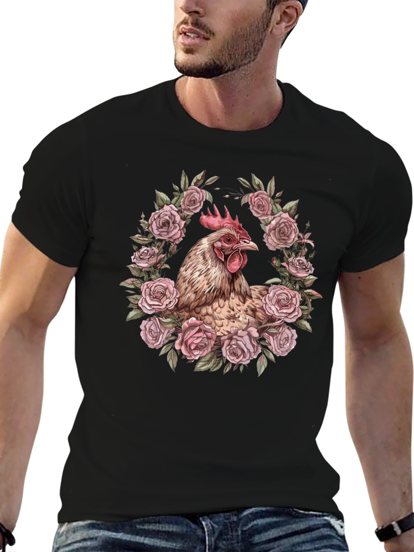 Chicken in Roses Graphic T-Shirt - Black