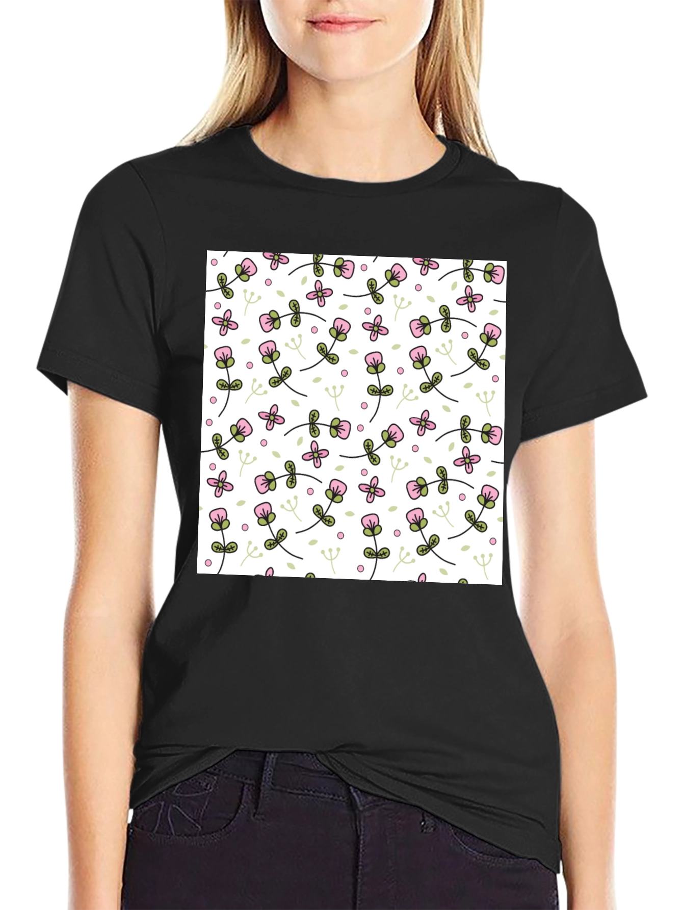 Floral Pattern Mens Black T-Shirt