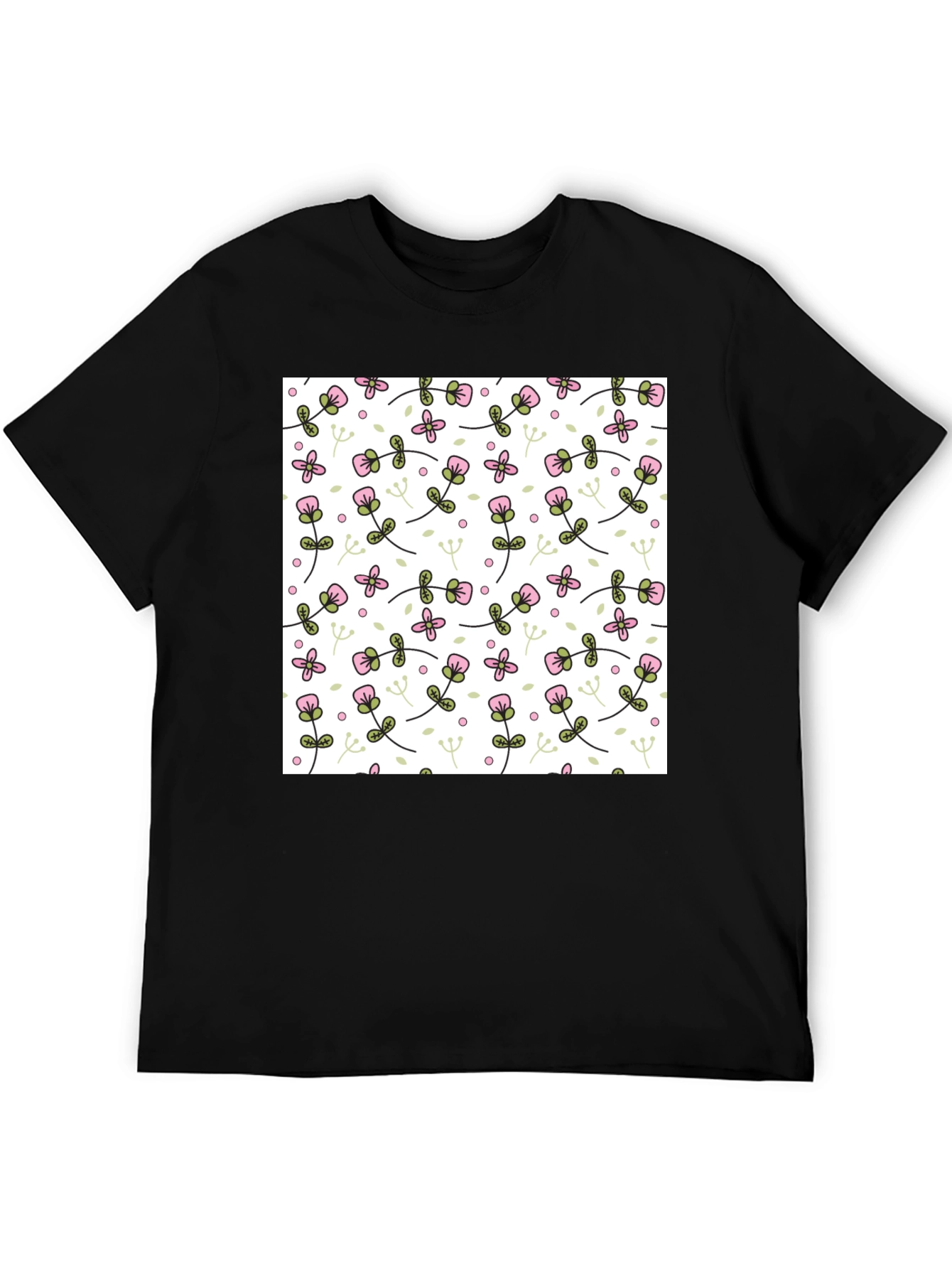 Floral Pattern Mens Black T-Shirt