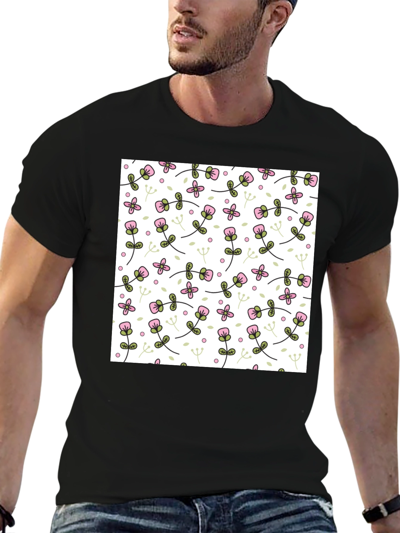 Floral Pattern Mens Black T-Shirt