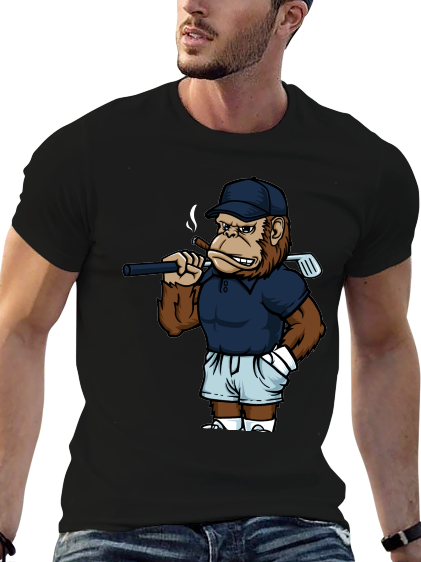 Cool Monkey Golfer Graphic Tee - Black