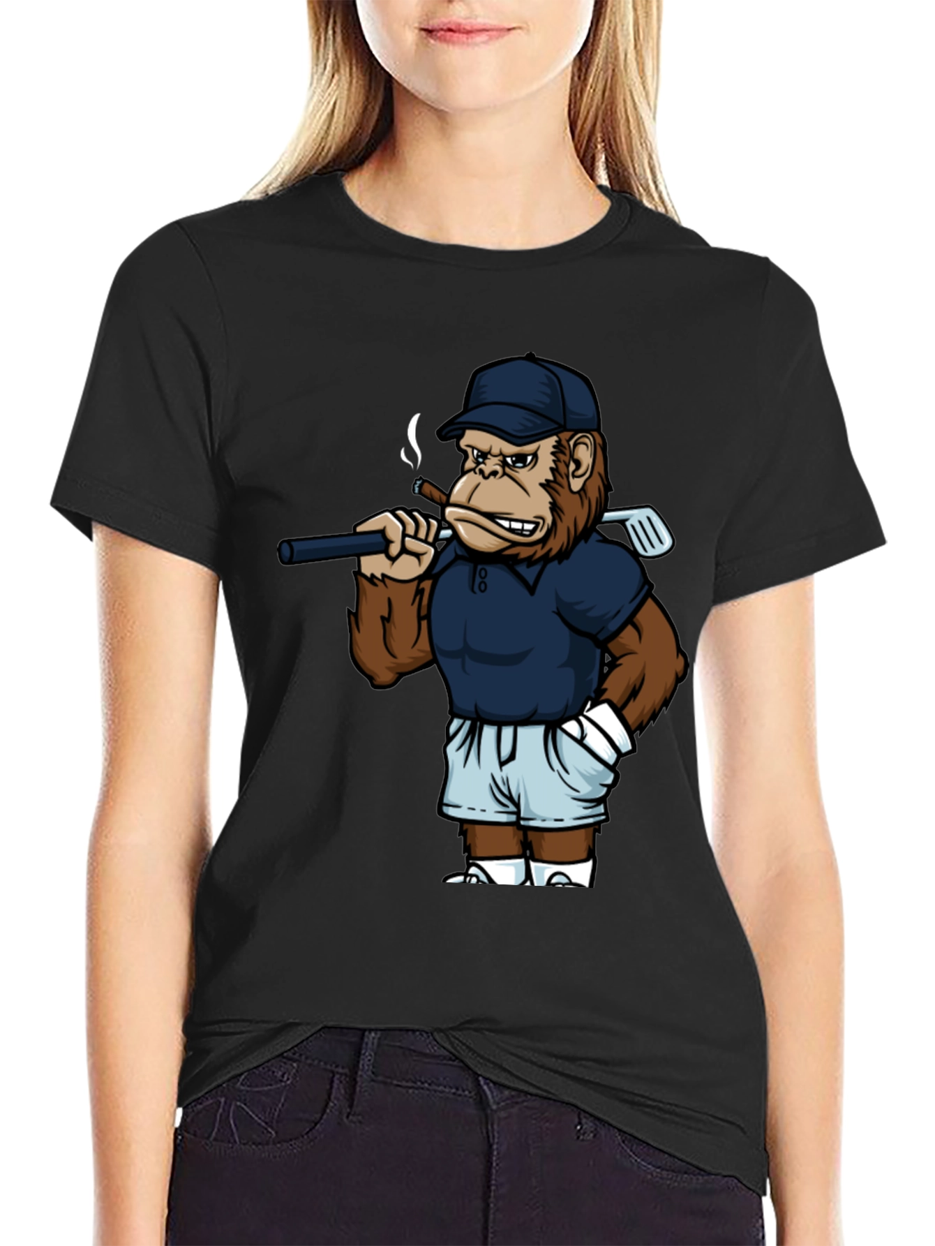 Cool Monkey Golfer Graphic Tee - Black