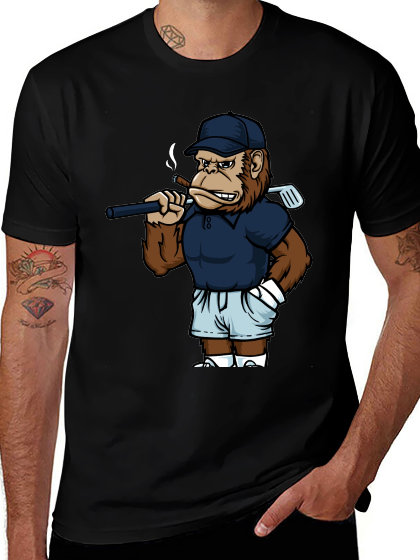 Cool Monkey Golfer Graphic Tee - Black
