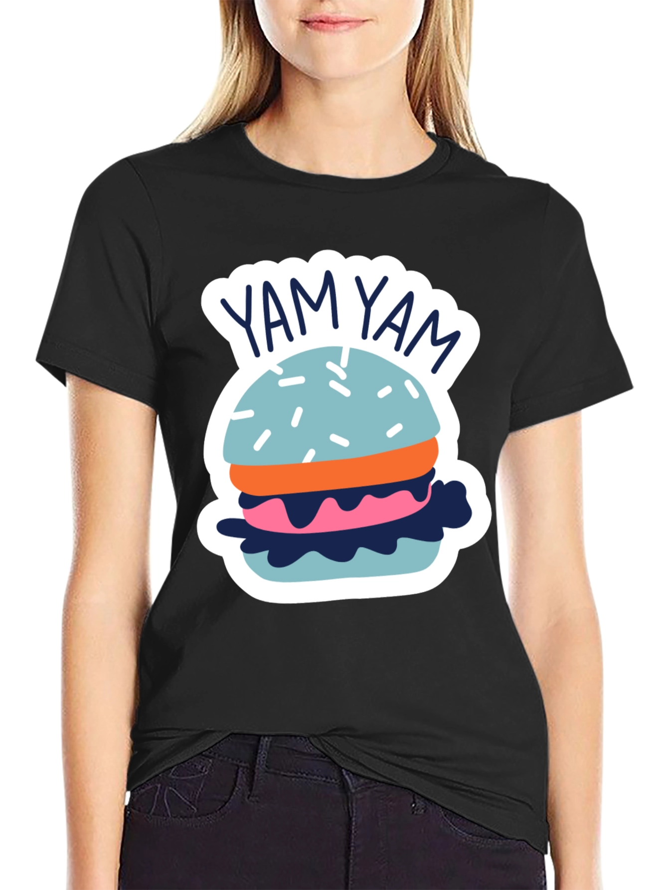Yam Yam Burger Graphic Tee - Casual Black T-Shirt