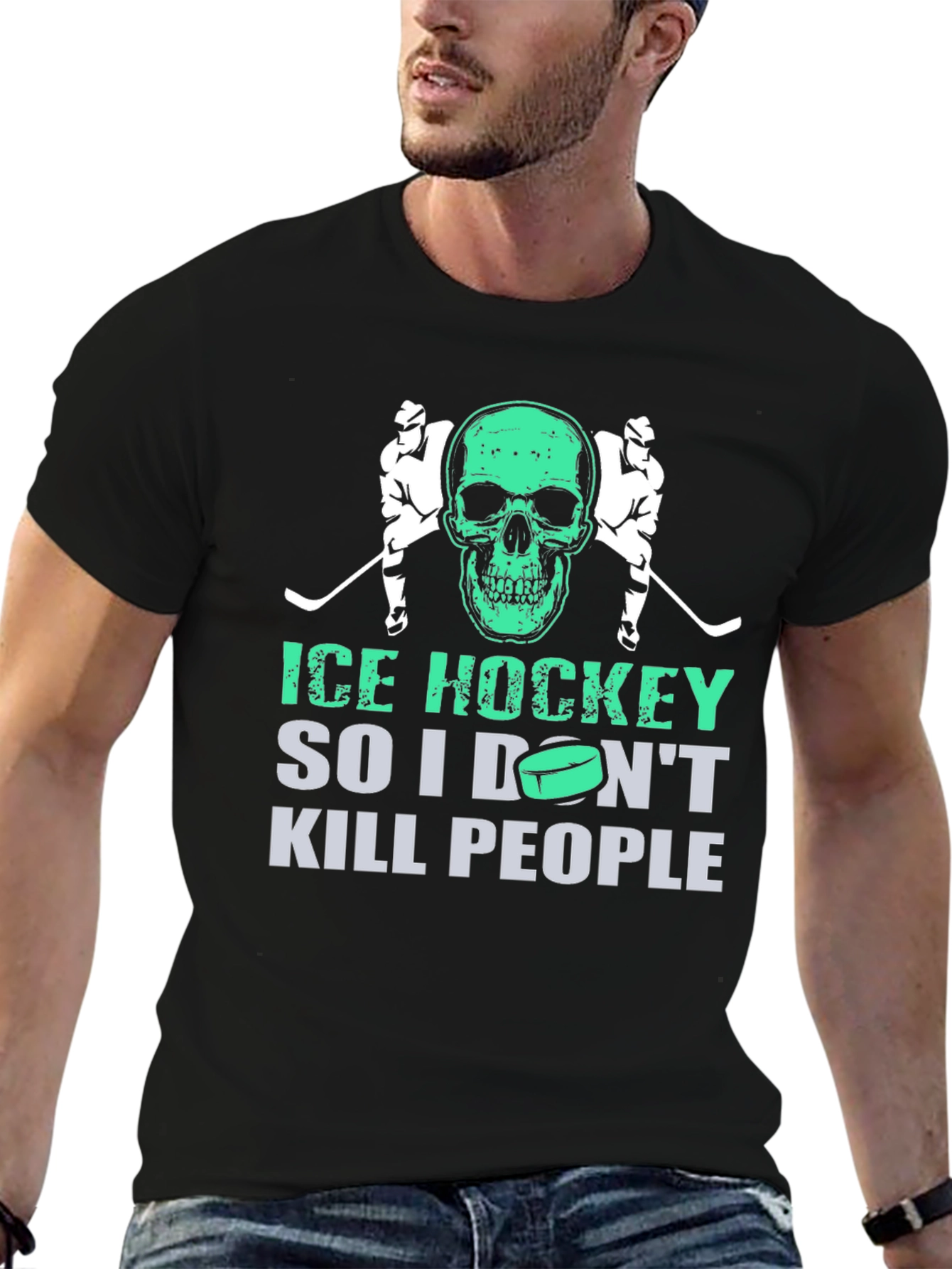 Ice Hockey Skull Graphic T-Shirt