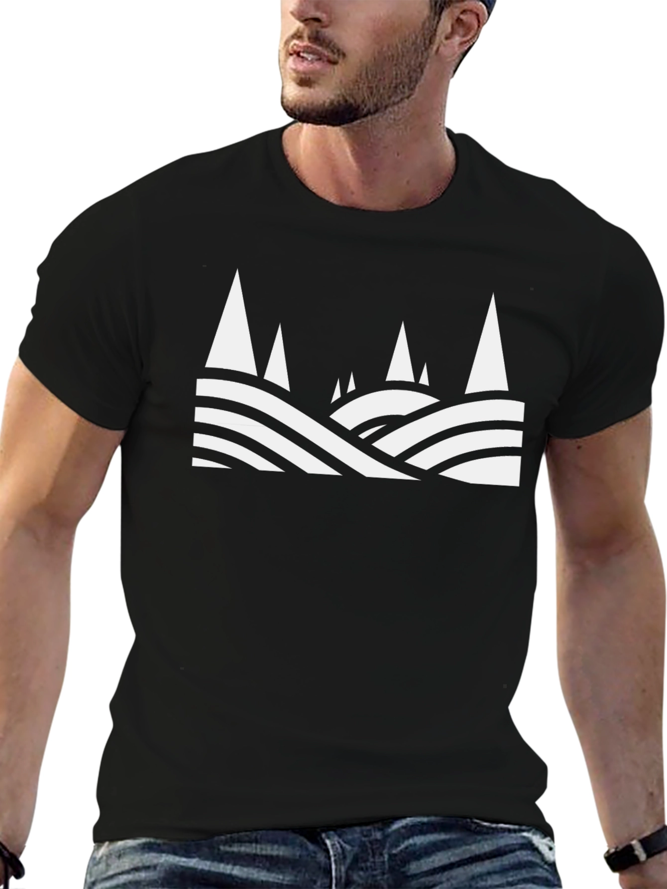 Abstract Mountain Scene Graphic Tee - Black Cotton T-Shirt
