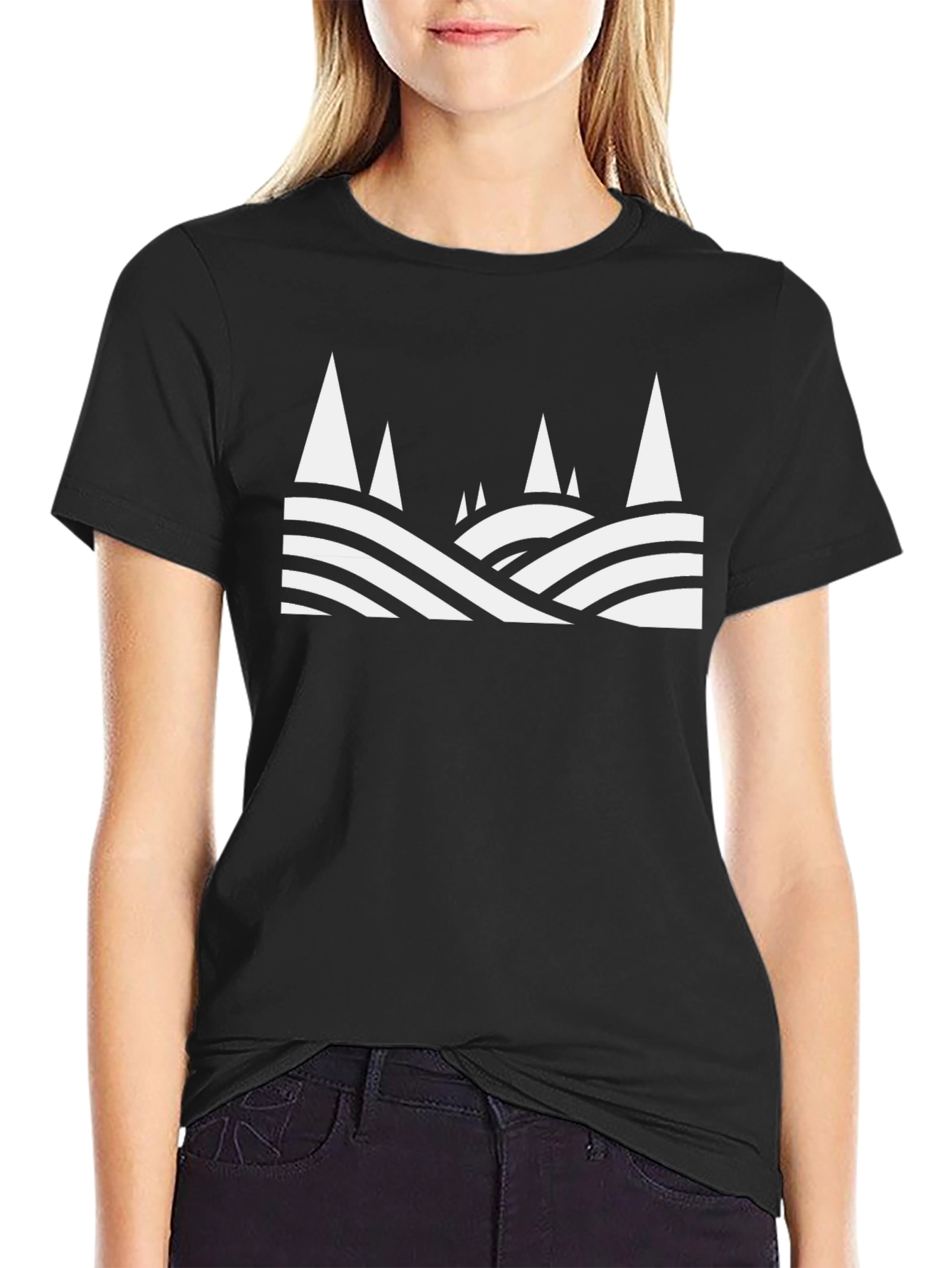 Abstract Mountain Scene Graphic Tee - Black Cotton T-Shirt