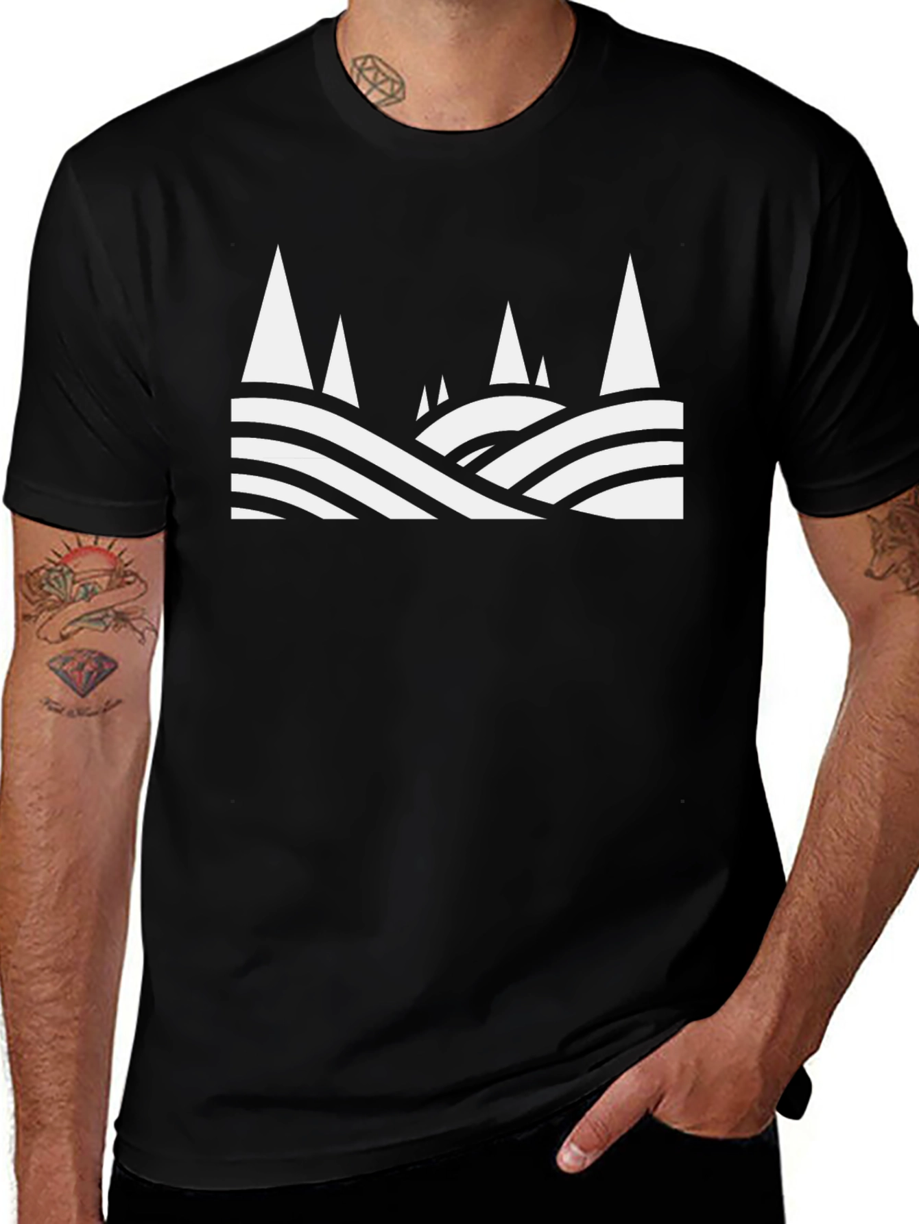 Abstract Mountain Scene Graphic Tee - Black Cotton T-Shirt