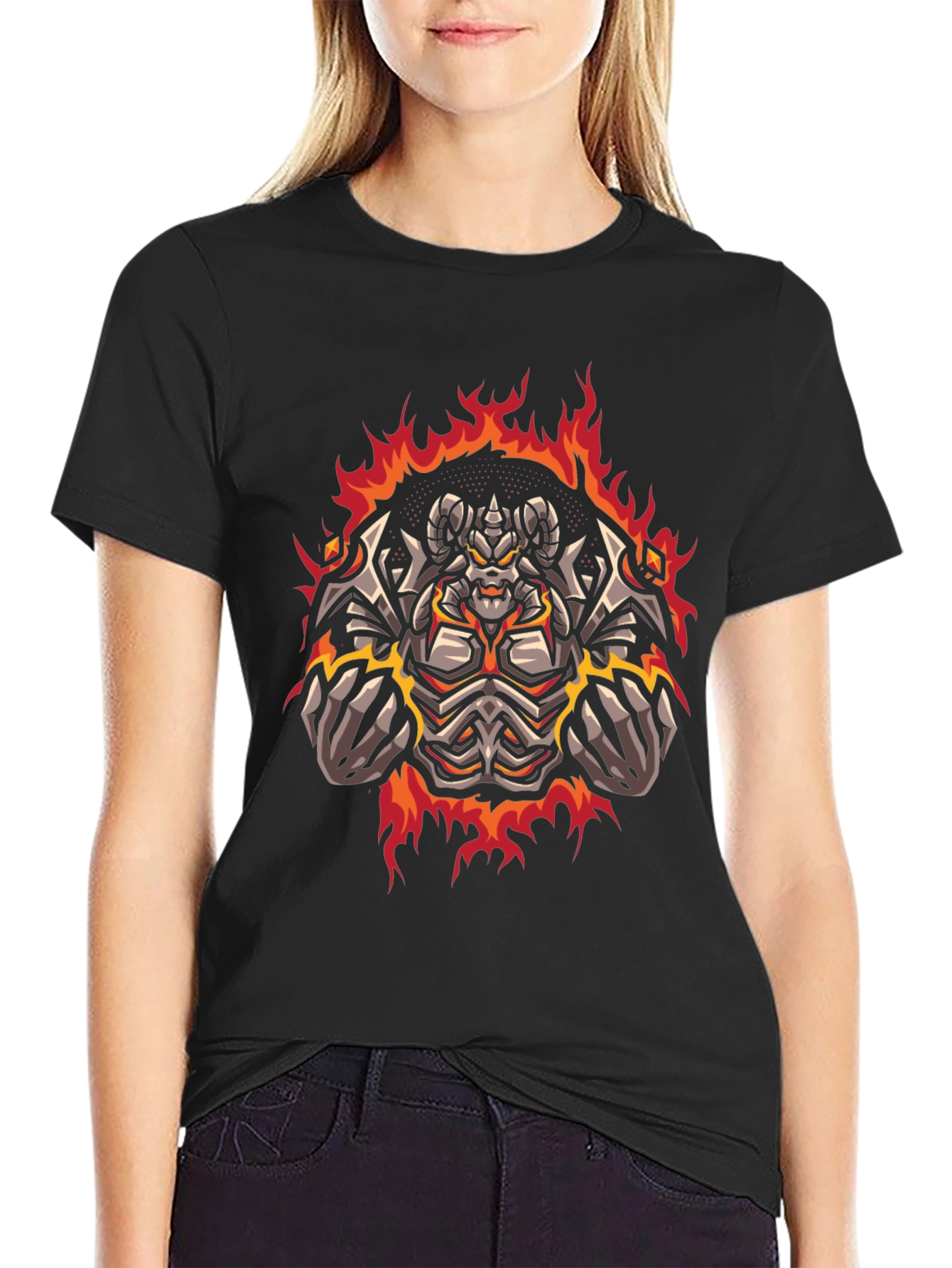 Fiery Demon Graphic Print Tee - Black Cotton T-Shirt