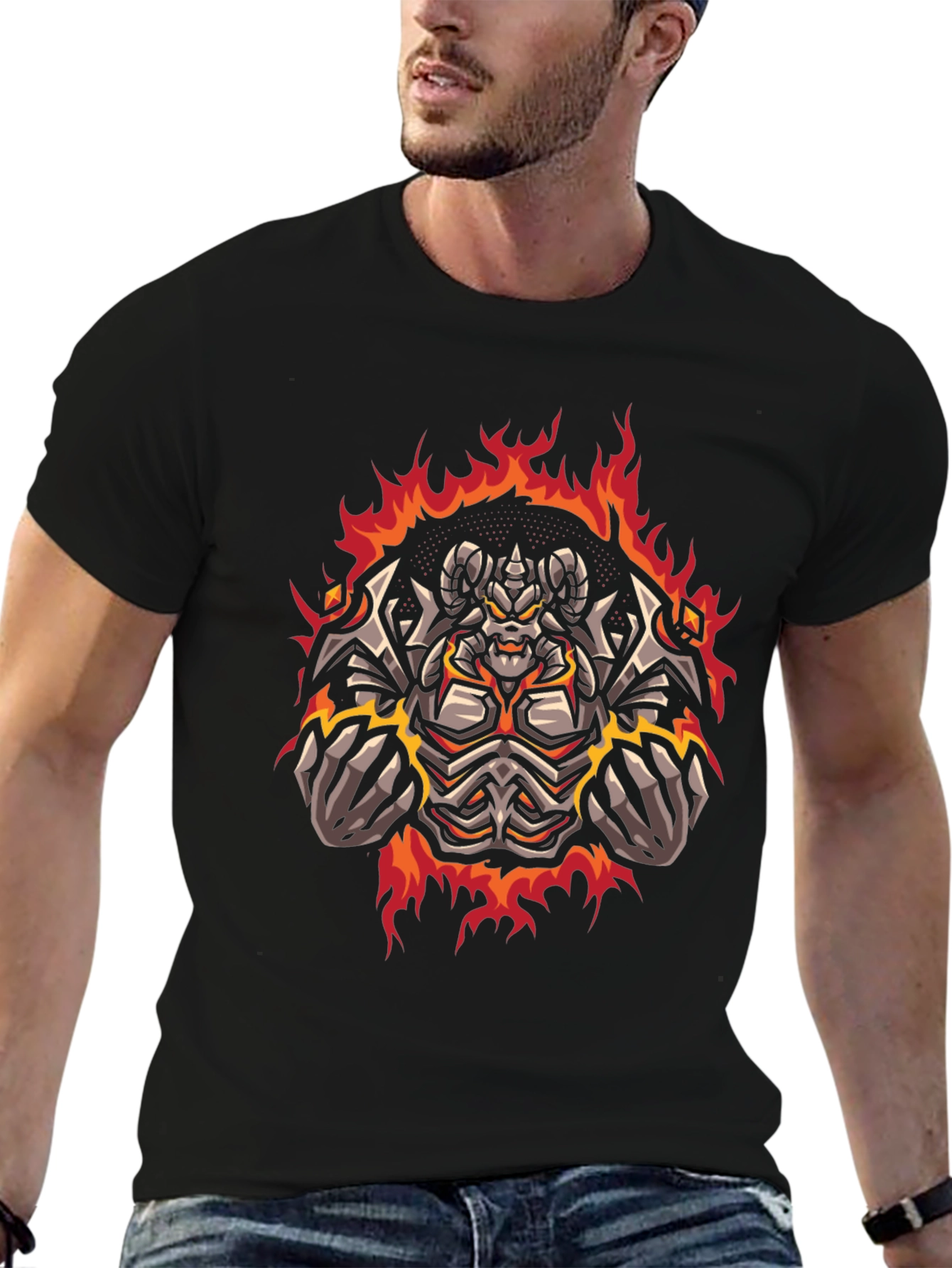 Fiery Demon Graphic Print Tee - Black Cotton T-Shirt