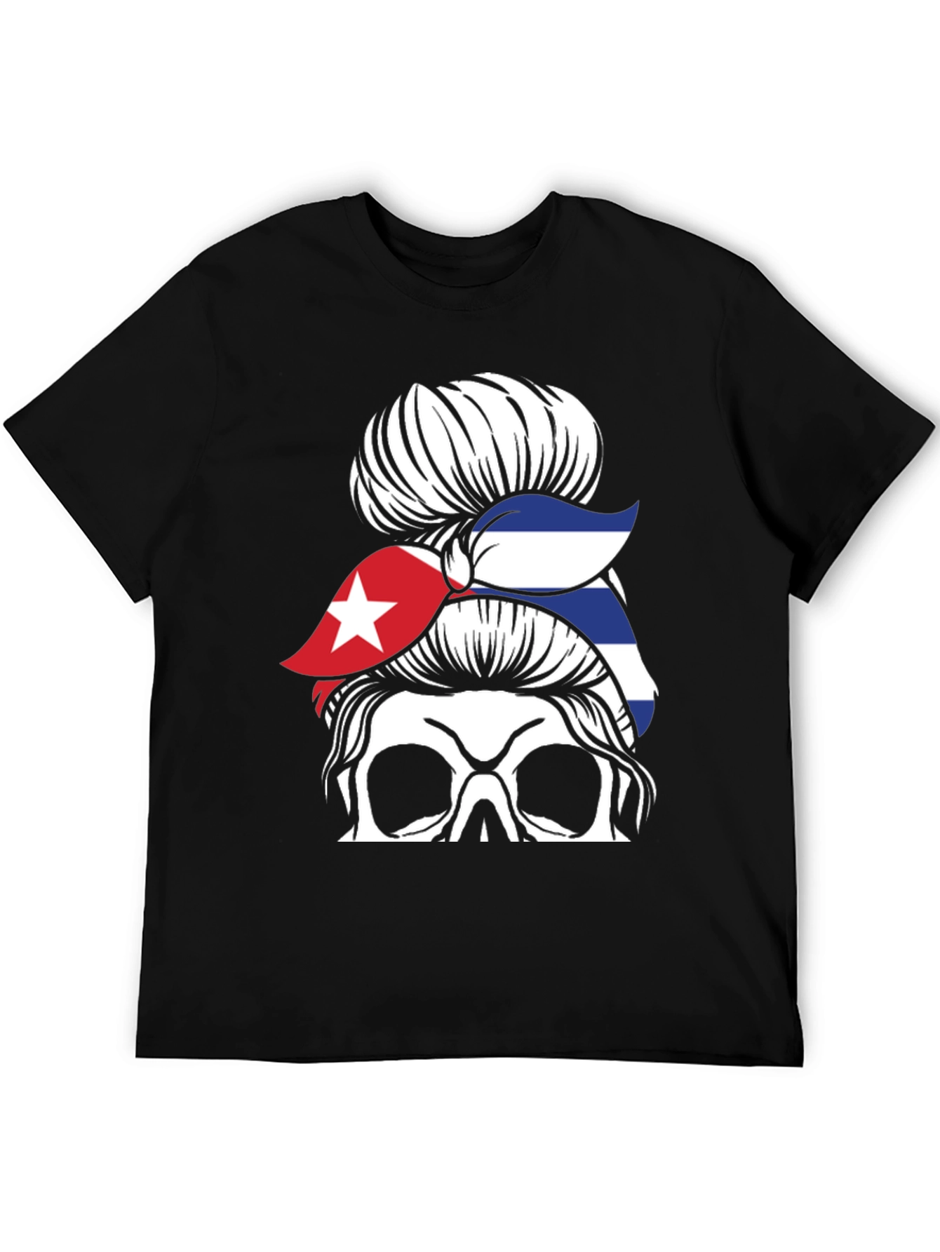 Cuban Flag Skull Messy Bun Graphic T-Shirt