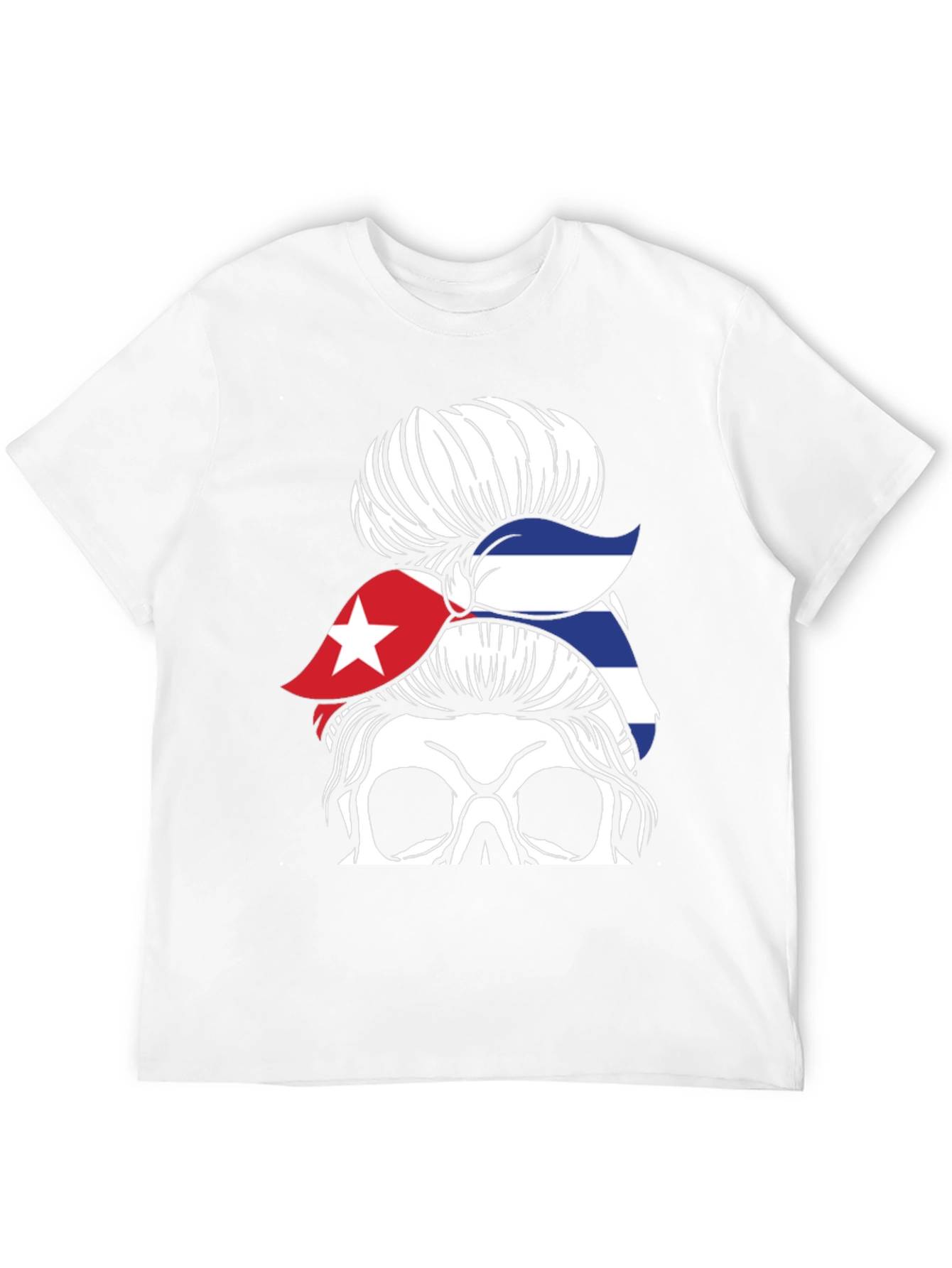 Cuban Flag Skull Messy Bun Graphic T-Shirt