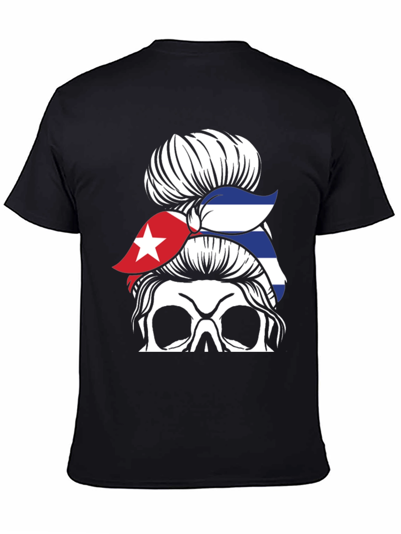 Cuban Flag Skull Messy Bun Graphic T-Shirt