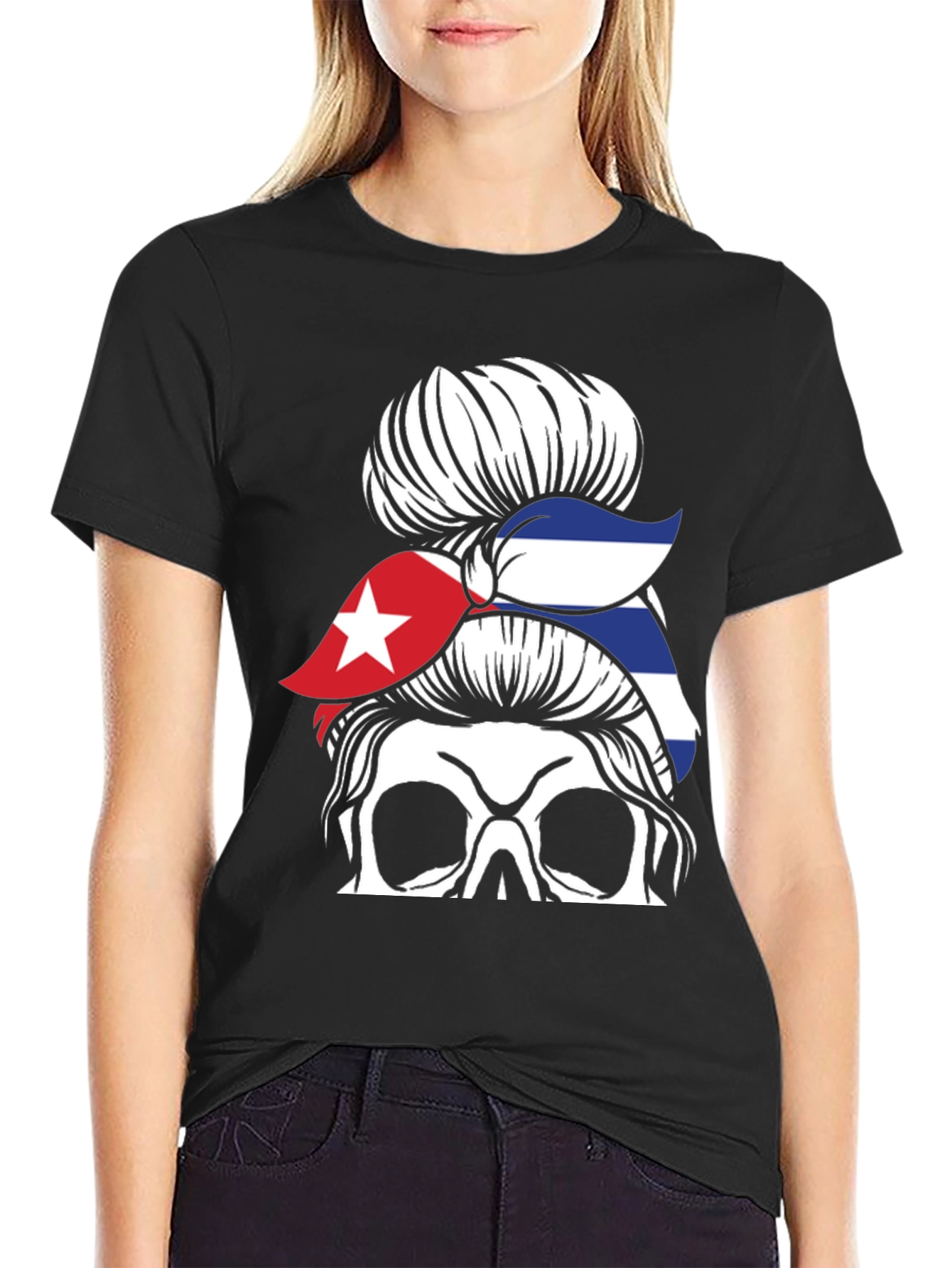 Cuban Flag Skull Messy Bun Graphic T-Shirt
