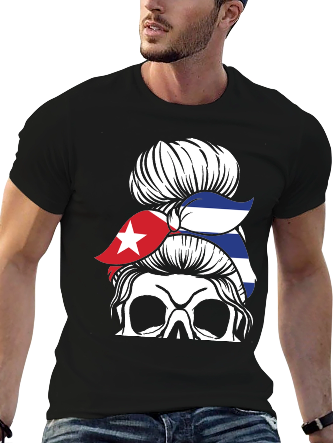 Cuban Flag Skull Messy Bun Graphic T-Shirt