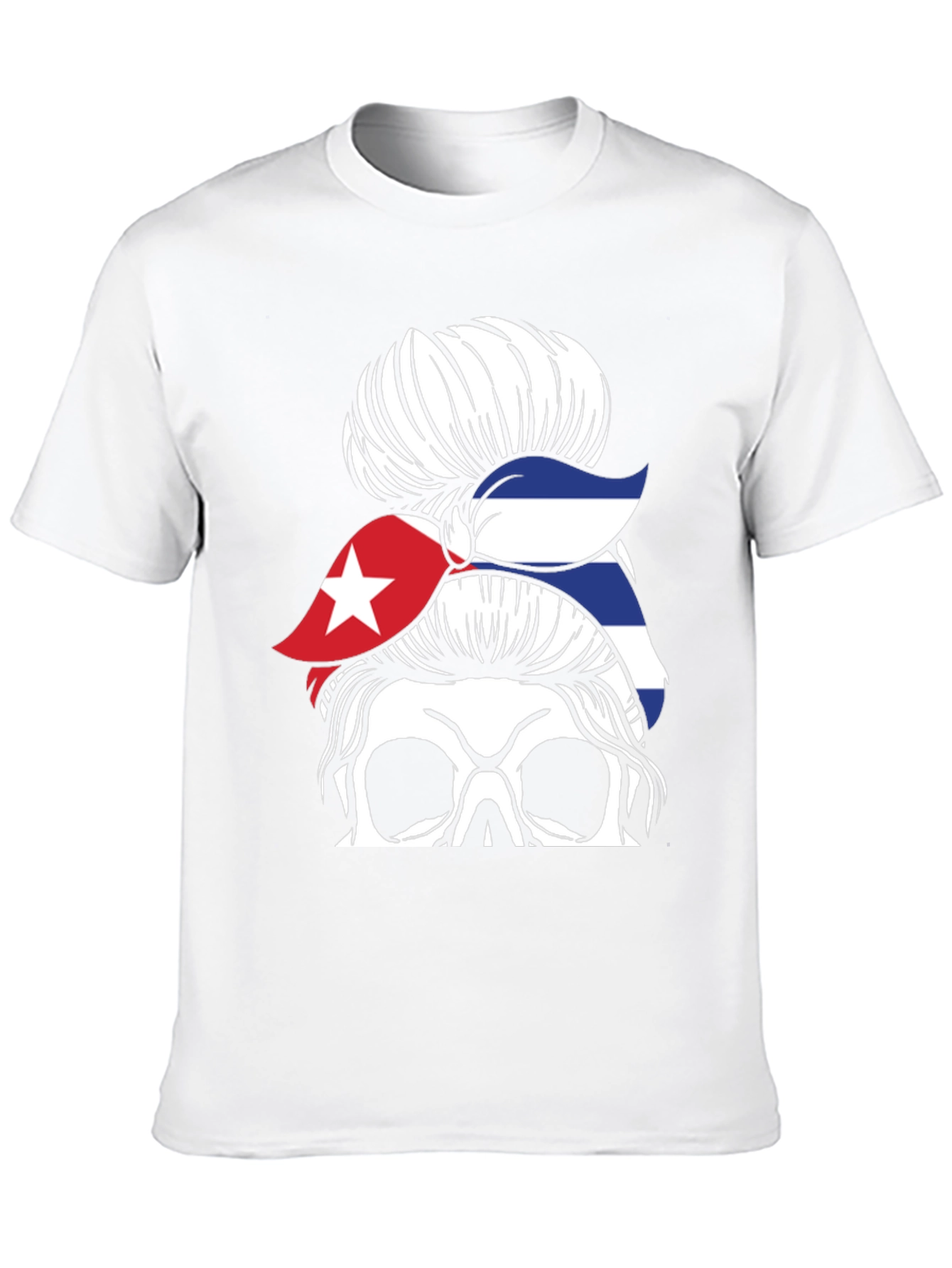 Cuban Flag Skull Messy Bun Graphic T-Shirt