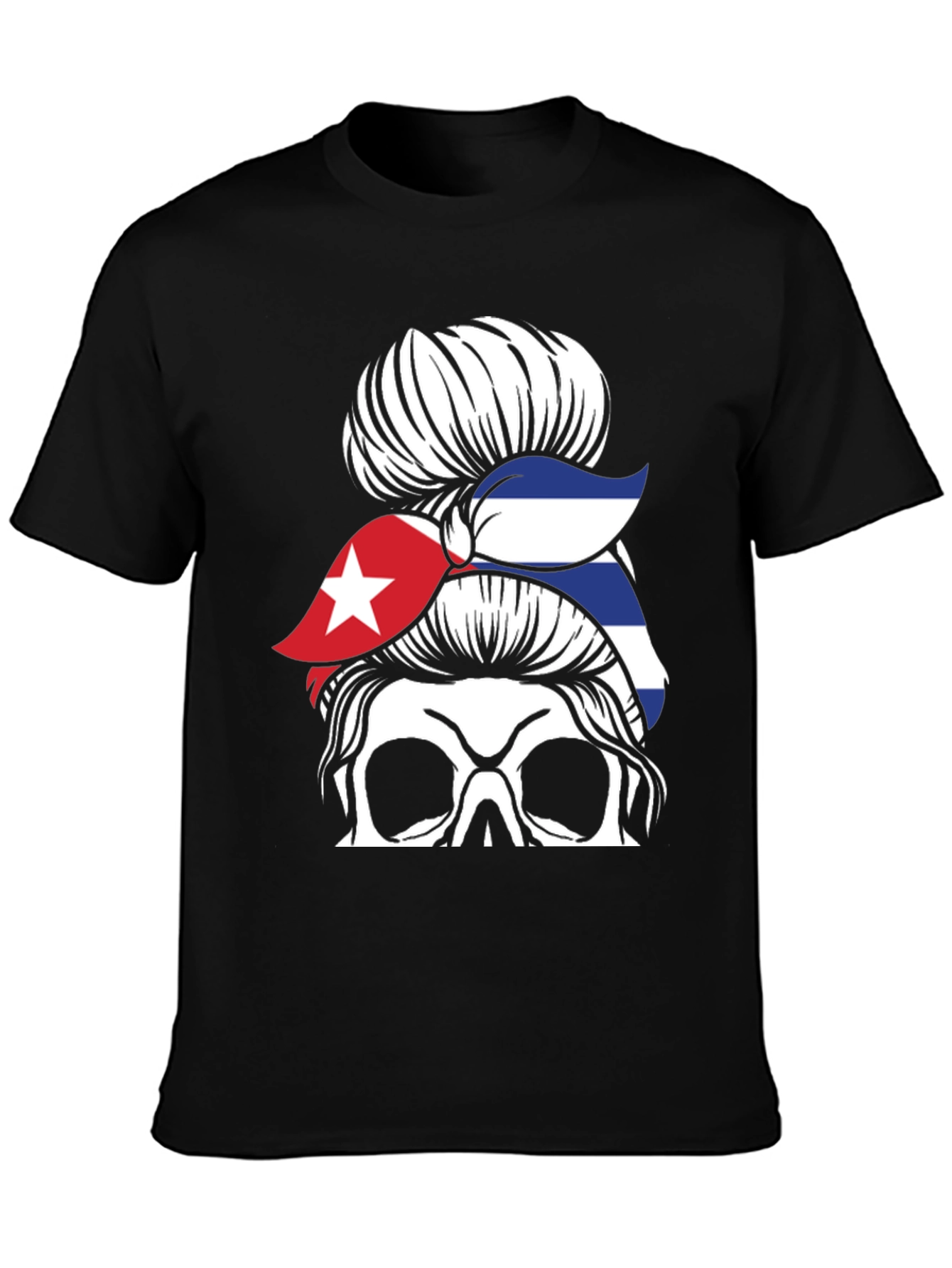 Cuban Flag Skull Messy Bun Graphic T-Shirt