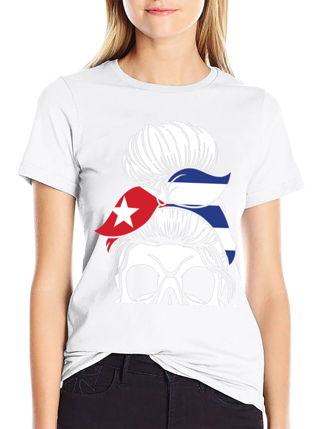 Cuban Flag Skull Messy Bun Graphic T-Shirt