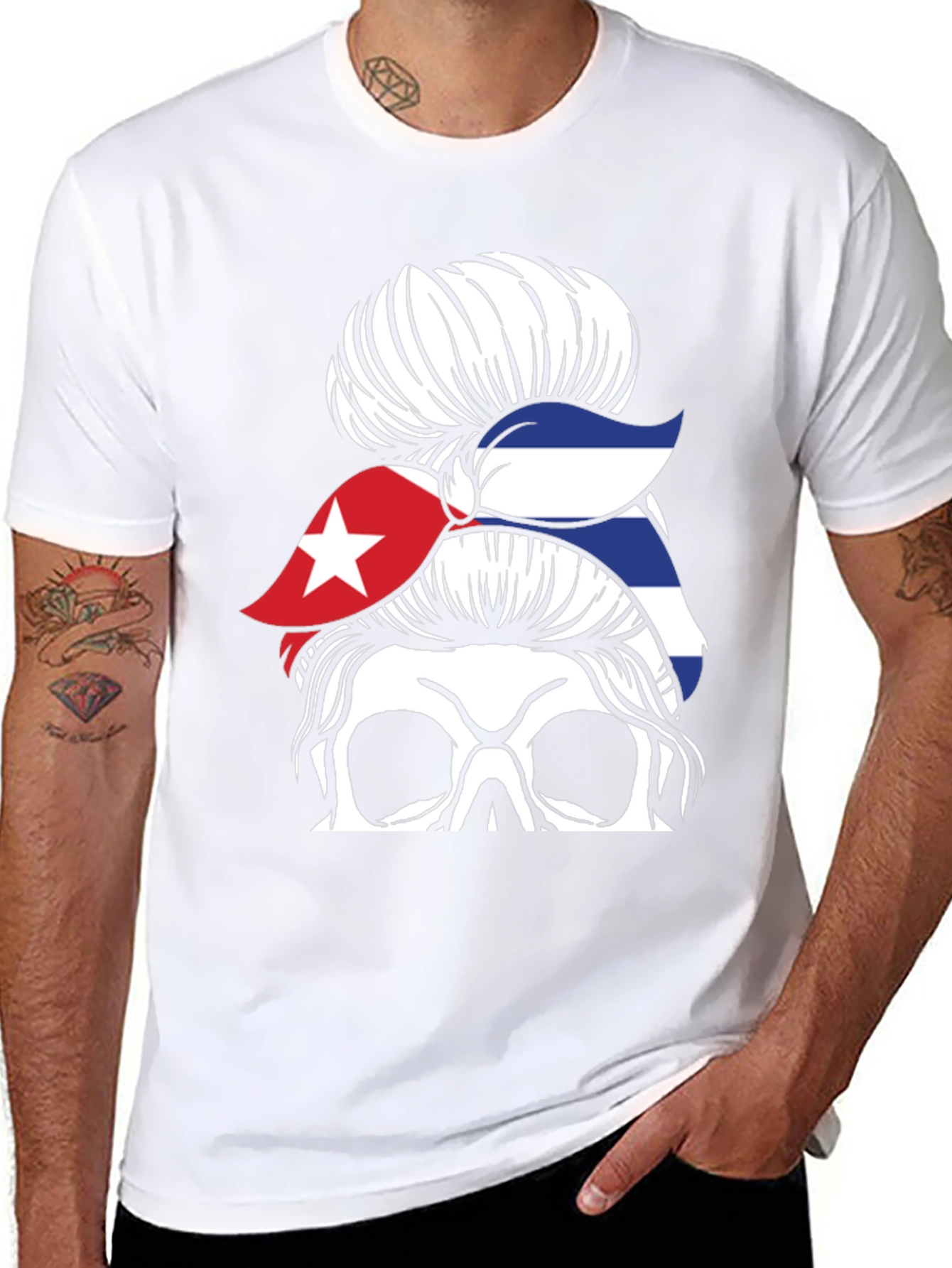 Cuban Flag Skull Messy Bun Graphic T-Shirt