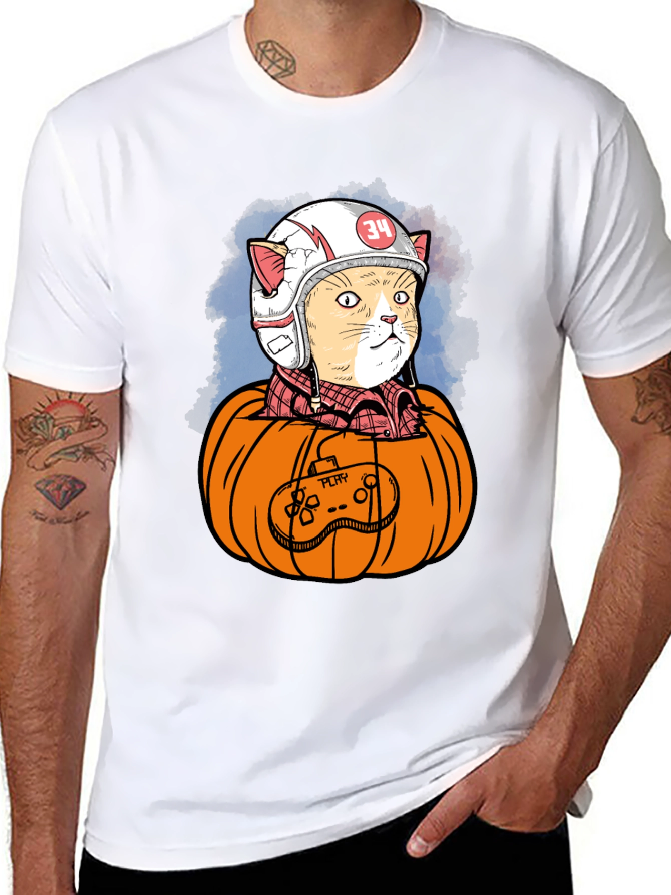 Cat Gamer in Pumpkin T-Shirt