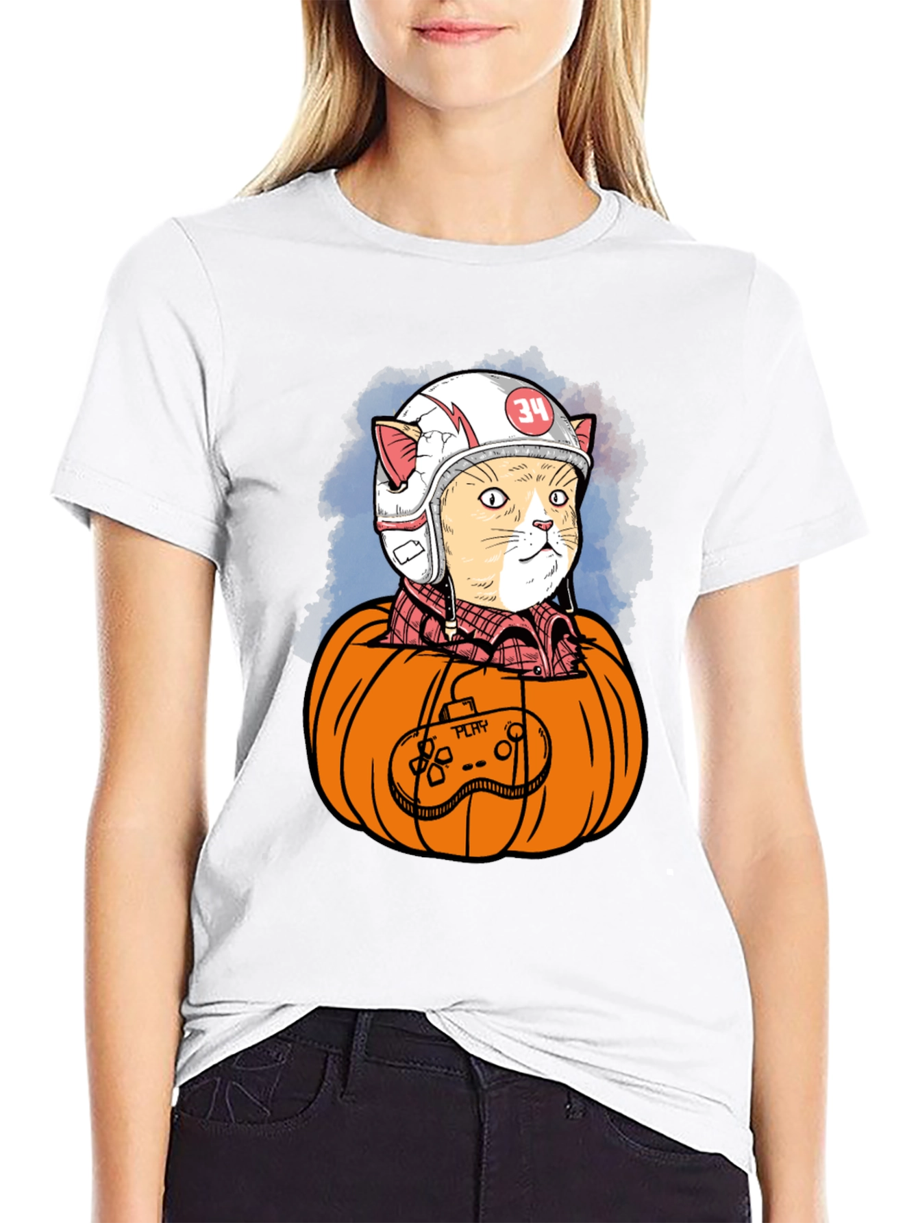 Cat Gamer in Pumpkin T-Shirt